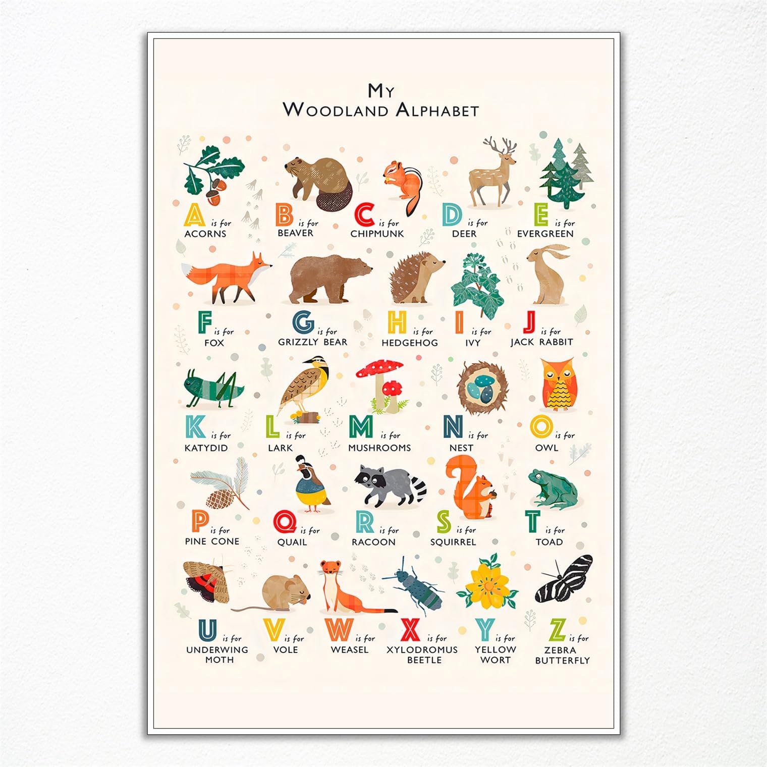 Alphabet Poster - Woodland Animal ABC Letters for Toddlers 1-3, Classroom & Nursery Wall Art, 16x24in Unframed