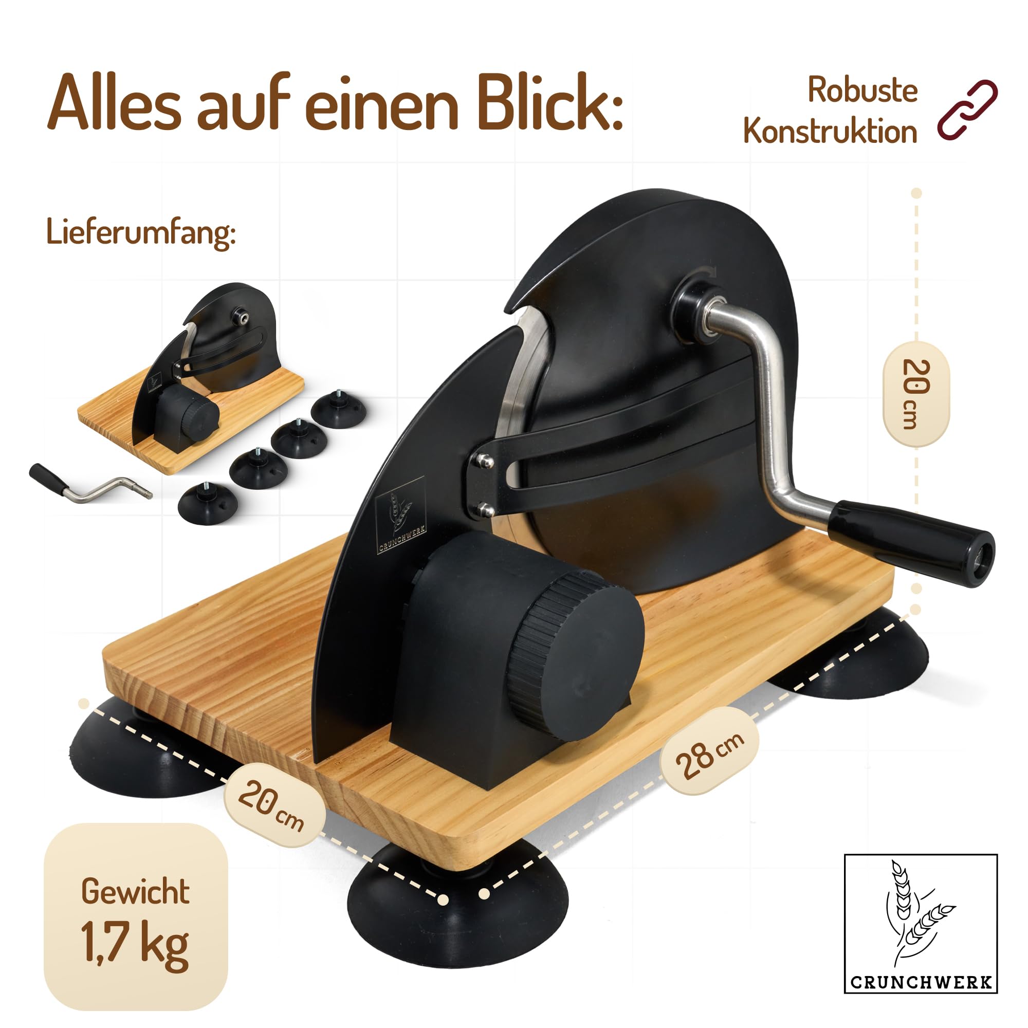 Brotschneidemaschine manuell – Hochwertiger Edelstahl Allesschneider mit Kurbel & Holzbrett | Präziser Schnitt, Retro-Design, rutschfeste Saugfüße für Brotliebhaber | Schwarz
