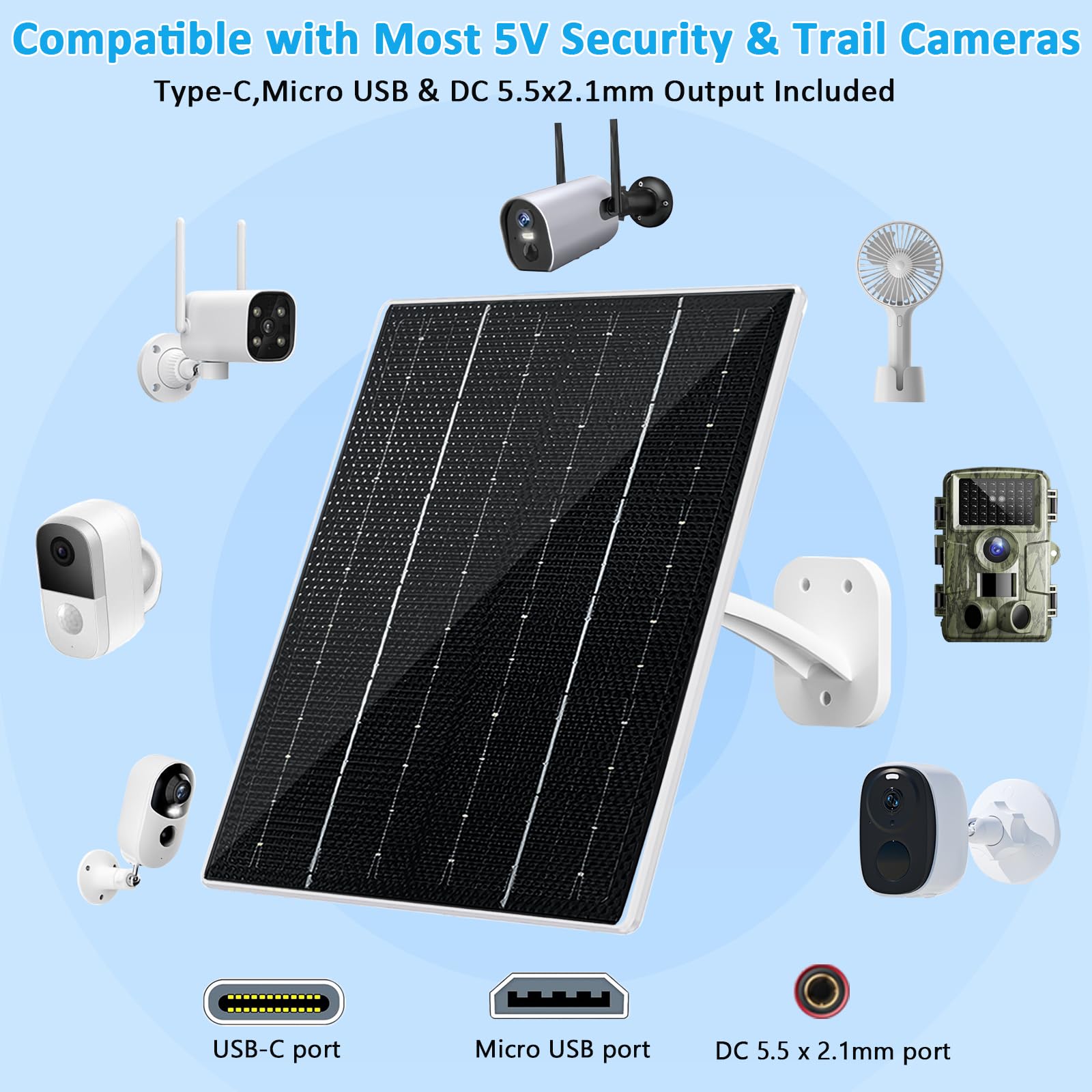 FUTUREZEN Panel solar de 8 W para cámara de seguridad, cargador solar con USB-C, micro USB y puerto CC de 5,5 x 2,1 mm, compatible con cámara de batería recargable de 5 V CC, impermeable IP66, montaje