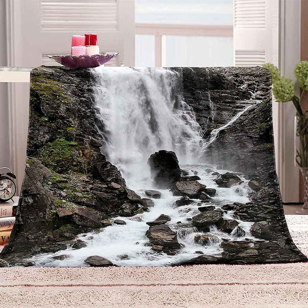 Couverture polaire en flanelle 150x200cm avec impression 3D paysage de cascade pour lit et canapé