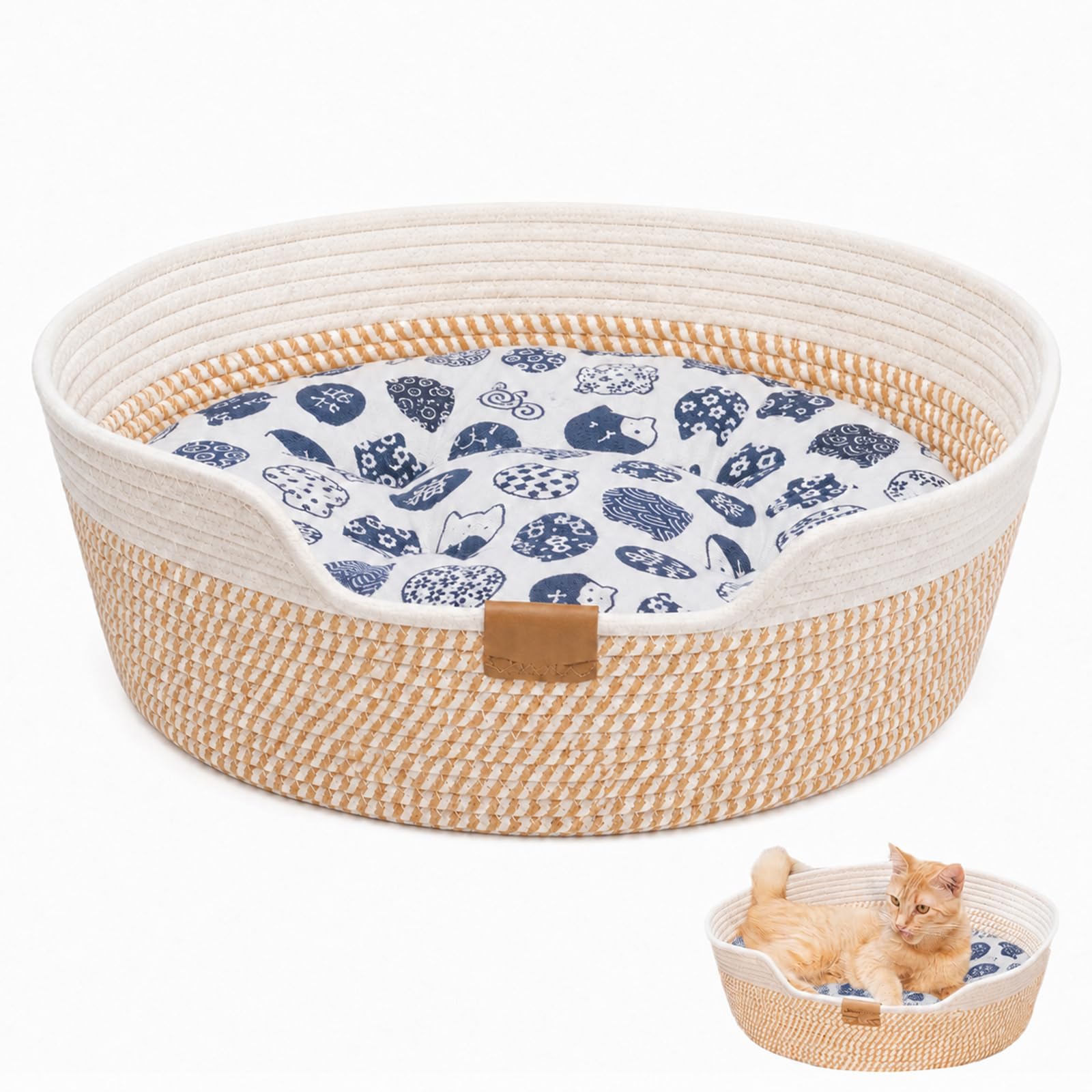 47cm Cat Bed with Cushion, Washable Cat Basket from Cotton Rope Weaving