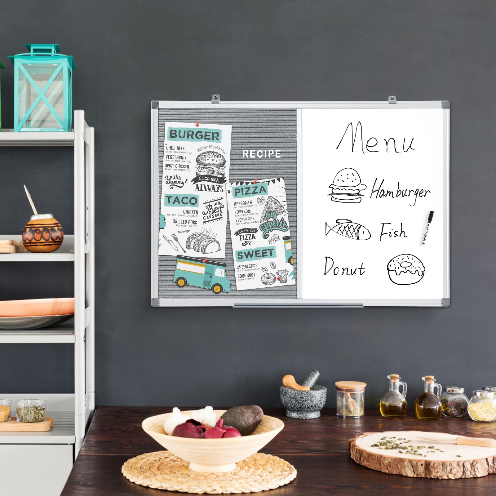 MAKELLO Magnetisches Whiteboard mit Pinnwand Buchstaben Tafel mit Aluminiumrahmen, Kombitafel für Küche, Wohnung und Büro 90x60cm