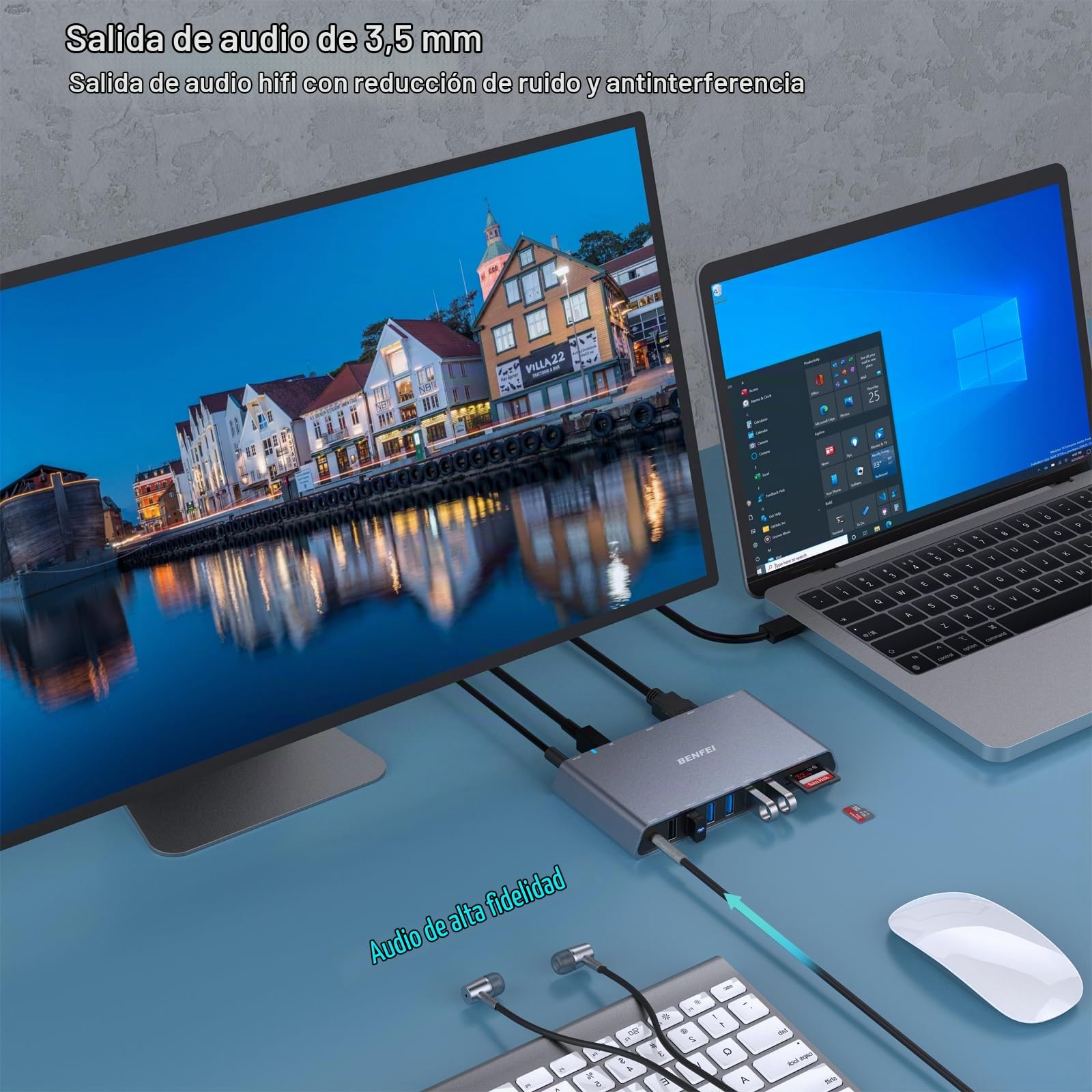 BENFEI Docking Station USB 3.0 12 en 1 con Dual HDMI /6 Puertos USB/Lector de Tarjetas SD/TF/Red Gigabit Ethernet/Conector para Auriculares Hembra de 3,5 mm Compatible con Windows y Mac