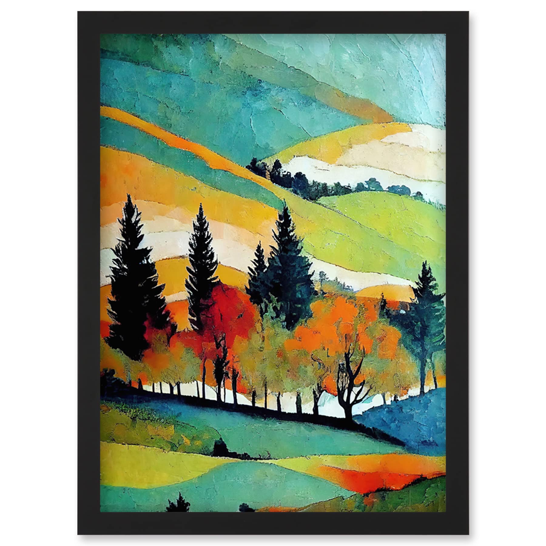 Wee Blue Coo Framed Black A4 Colourful Autumn Landscape Scotland Hillside Forest Oil Painting Artwork Framed Wall Art Print A4