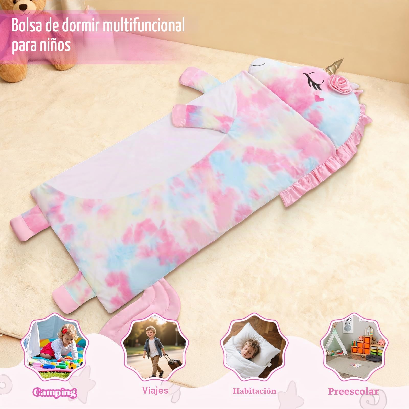 Saco de Dormir Niños Ultraligero con Cojín Desmontable, Elefante Forma Warm Felpa Plegable Saco Dormir Bebé para Niñas y Niños, Interior al Aire Libre y Camping, 170x70cm, Azul