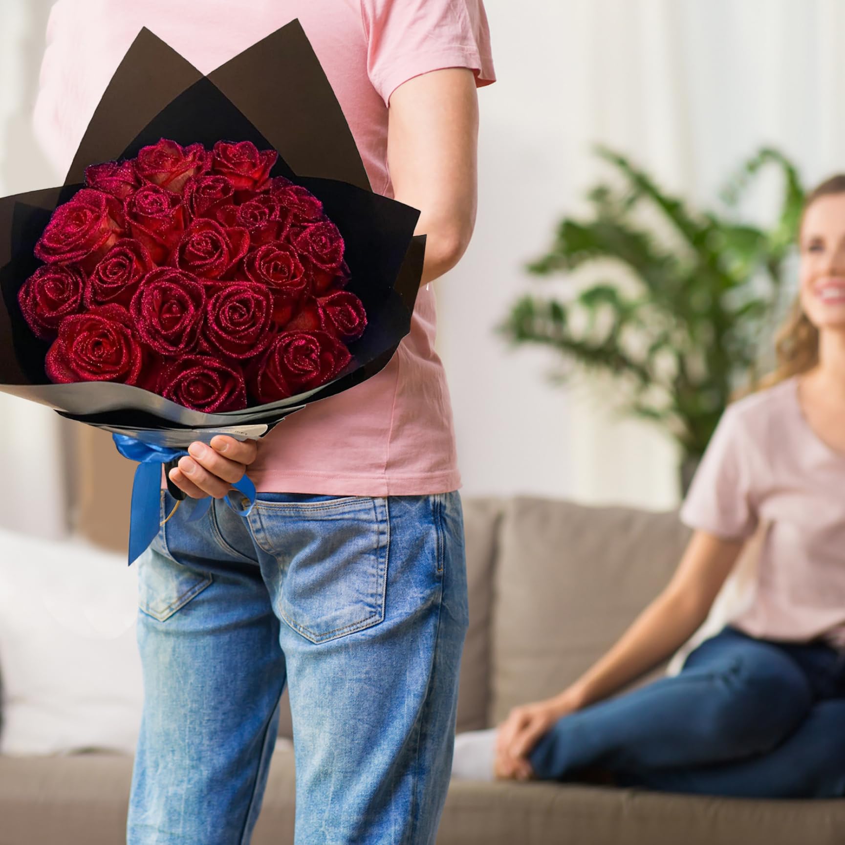 Bouquet de roses scintillantes 9,5 pouces fausses roses bricolage avec tige, rubans d'emballage et papier d'emballage