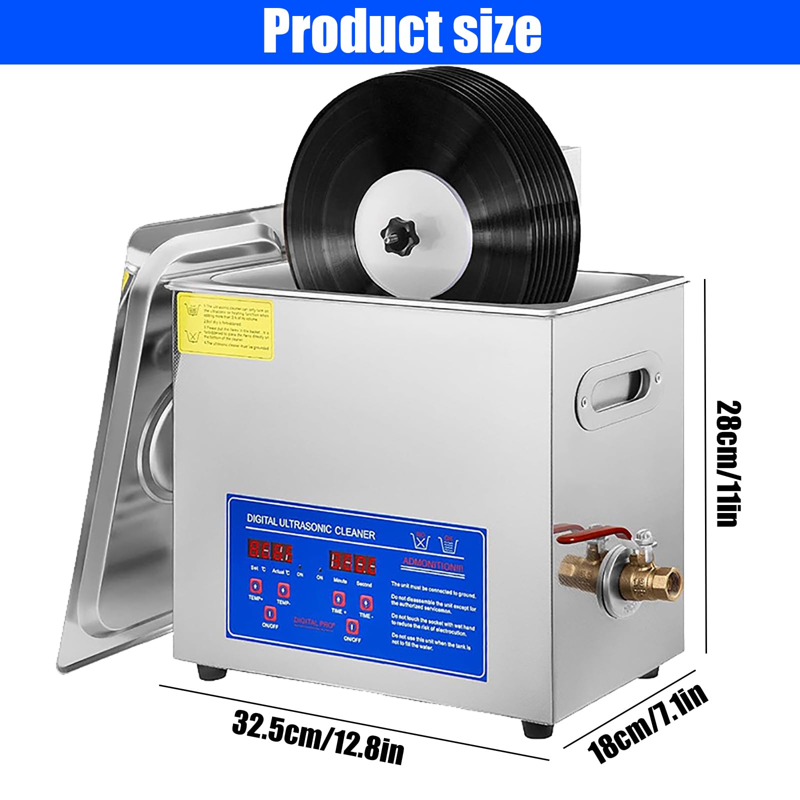 Pulitore ad ultrasuoni da 6,5 l, 180 W, per dischi in vinile, temperatura e tempo regolabili, con supporto per la pulizia dei dischi, frequenza 40 kHz, per dischi, occhiali, protesi, gioielli