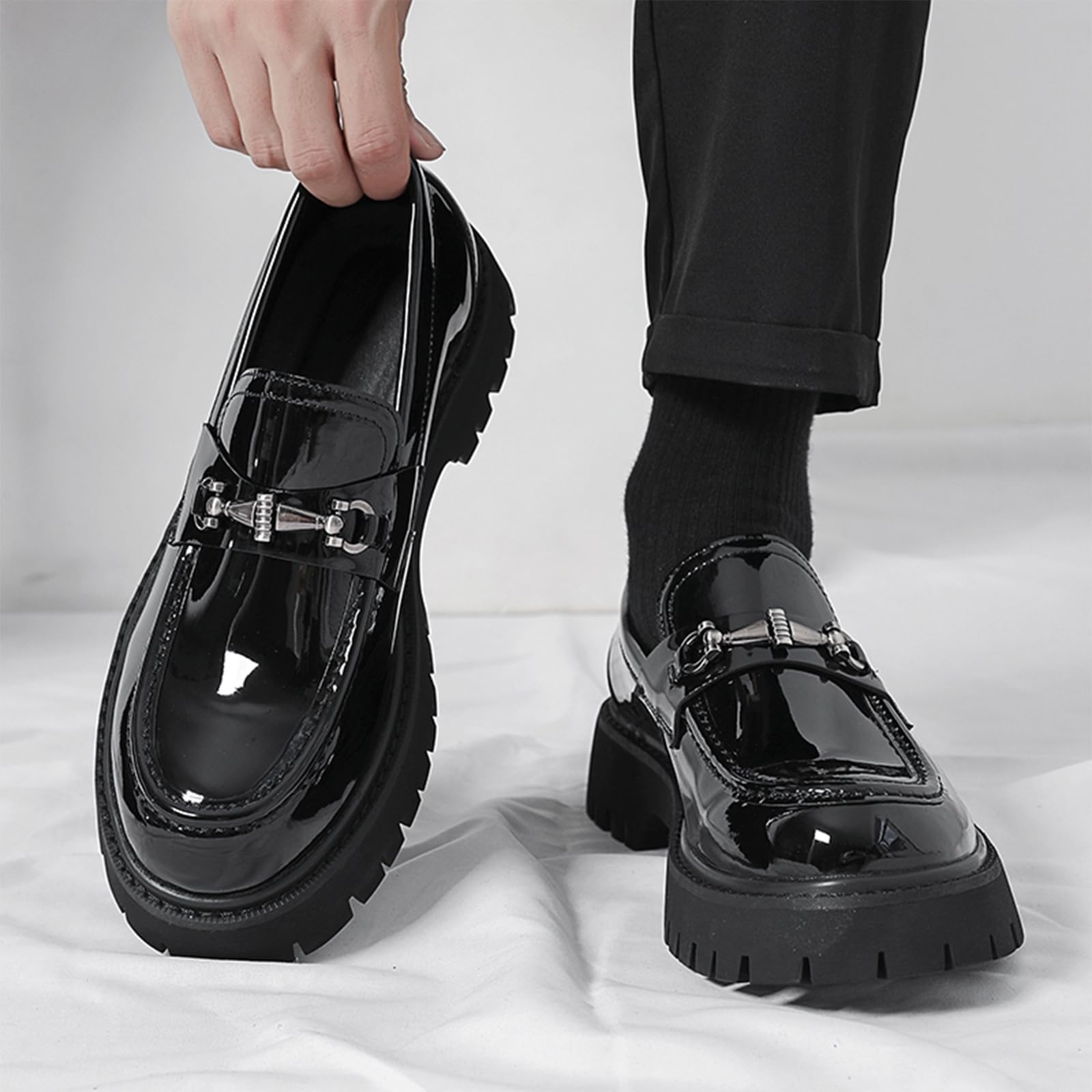Mocassins à Plateforme en Cuir Verni for Hommes, Chaussures habillées Confortables à Semelle antidérapante, Mocassins à Mors et Bout Rond