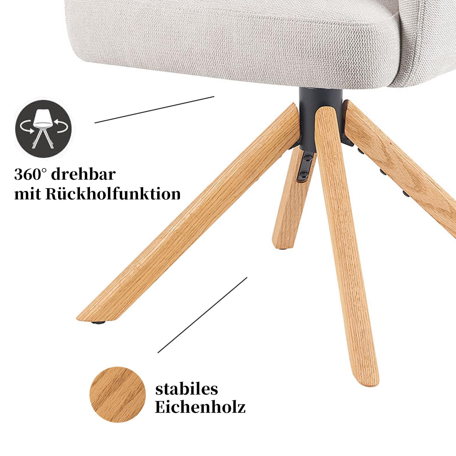 DUBI Möbel Esszimmerstühle 2er Set 360° drehbar mit Rückstellfunktion, Taschenfederkern, hoher Sitzkomfort, bis 150 kg belastbar, Stoff Creme, Eiche Massivholzgestell geölt (Natur), Mika-Jule