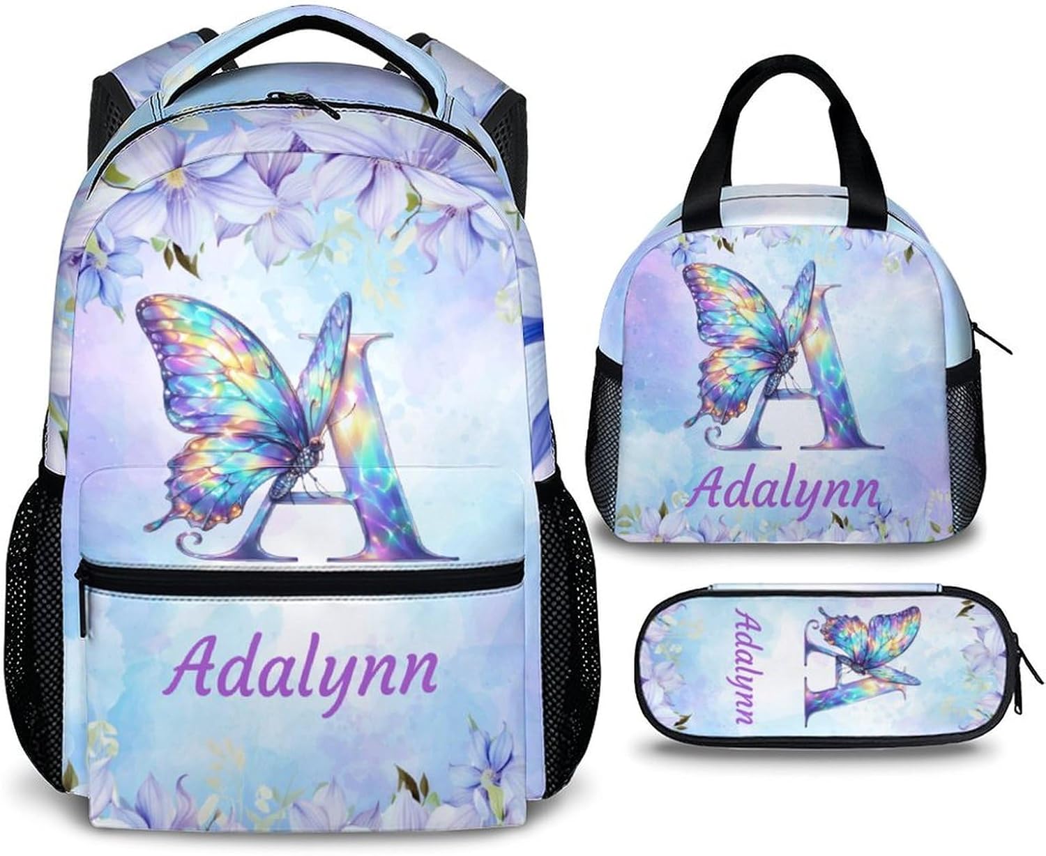 Personalized Butterfly Backpack, Cute Initial Backpack with Lunch Box, Set of 3 Custom Schoolbag for Girls, 17 Inch Student Bookbag and Pencil Case Bundle for Travel and School