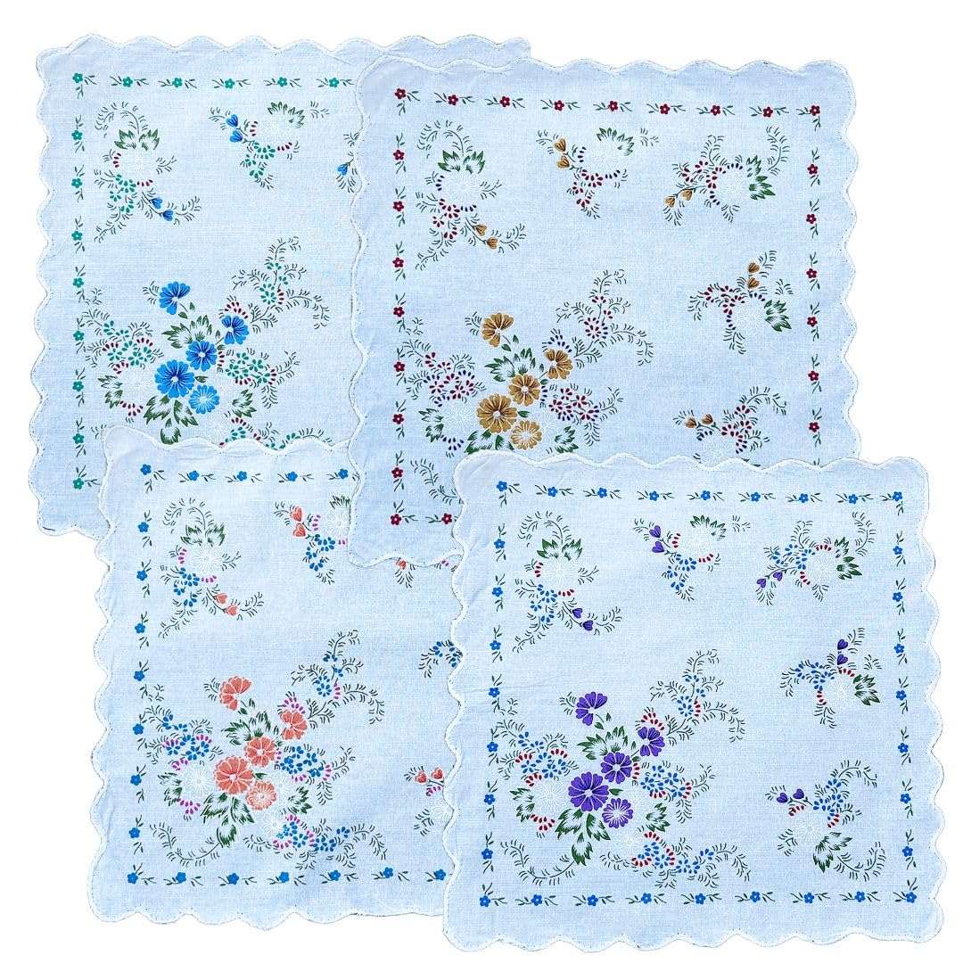 Women's 100% Cotton Floral Handkerchief with Embroidered Scallop Cutwork Border | Soft Absorbent Ladies Hanky | White Multicolor Flower Print | 30 x 30 cm | D3-10-image-34