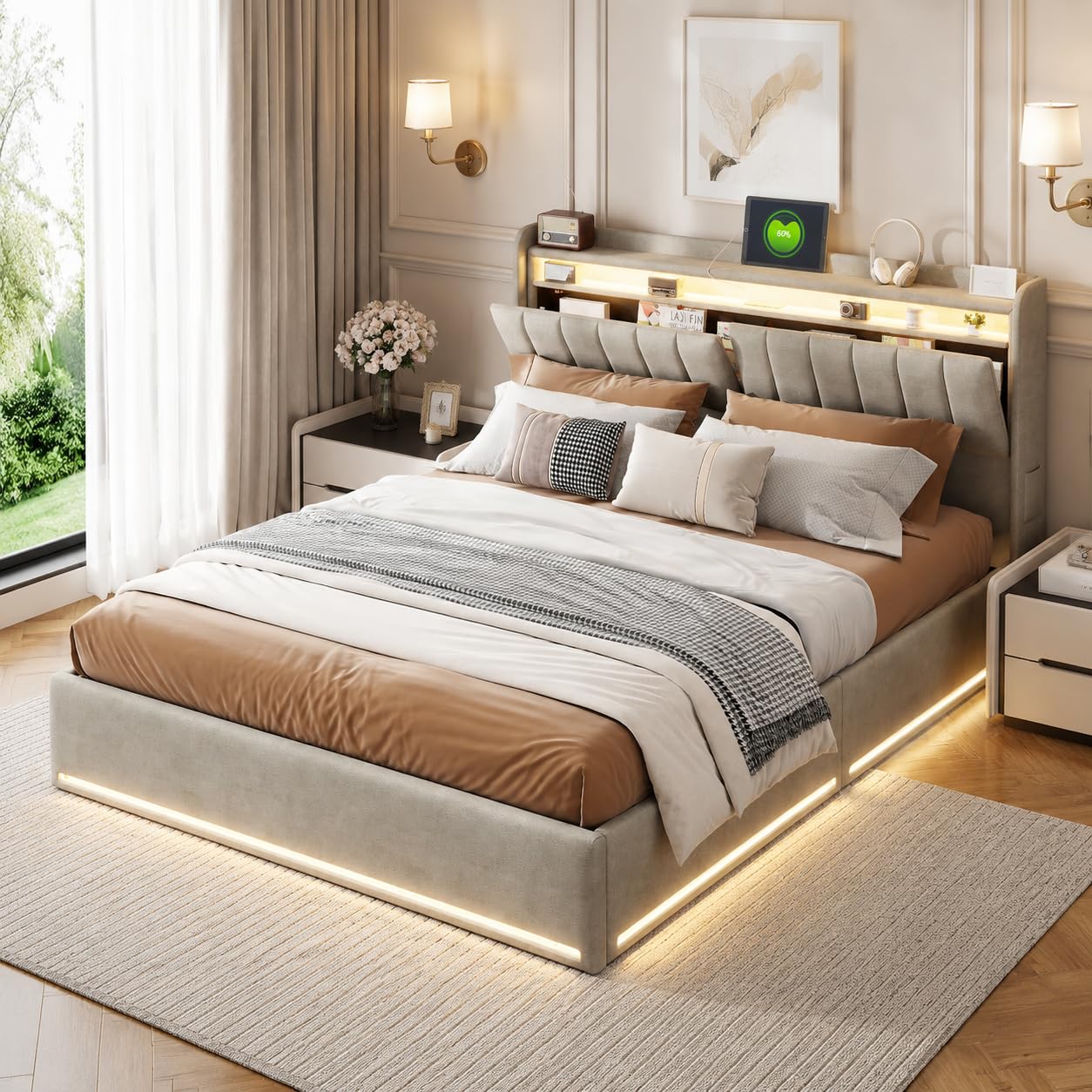 Cama Matrimonio Cama 140x200 cm con USB y Iluminación LED, Camas matrimoniales con Almacenamiento Hidráulico, Cama tapizada con Somier de Láminas (Gris-a, 140x200 cm)