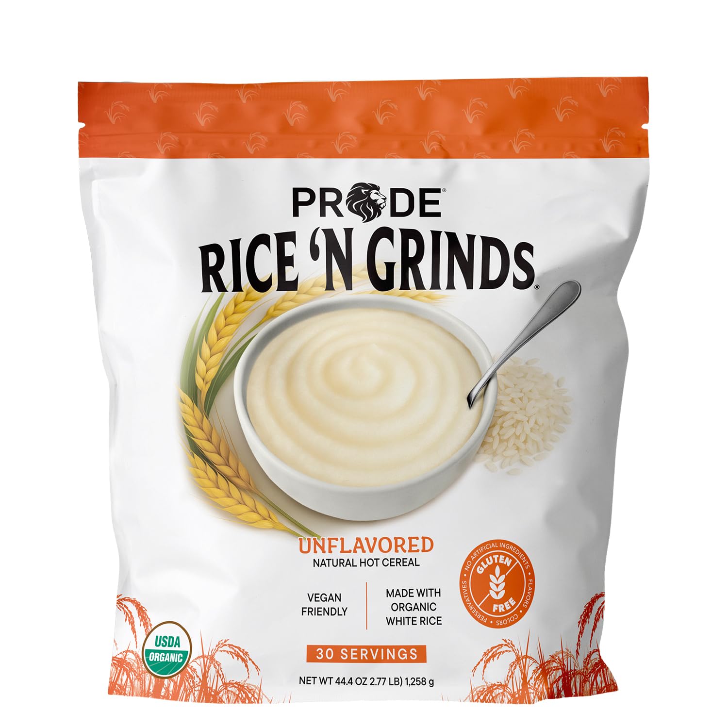 Pride Foods Rice 'N Grinds Hot Cereal - Gluten-Free, Non-GMO, Vegan-Friendly, Natural Rice Breakfast, Quick & Easy Hot Meal, Low-Fat Comfort Food, 30 Servings, Unflavored
