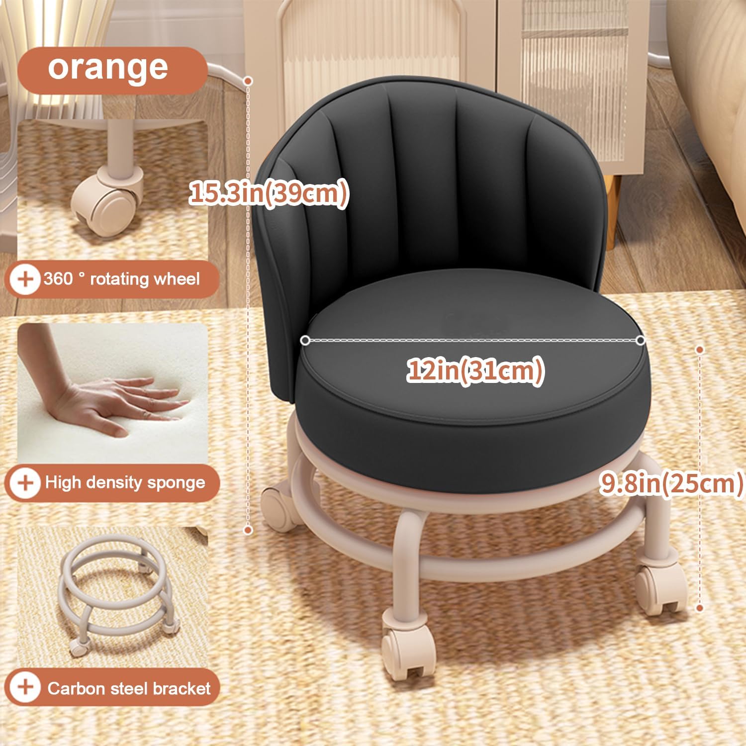 Low Rolling Stool with Backrest,Rolling Pedicure Seat,Low Stool with Wheels for Home, Office, Garage, Shop, Library (Black)