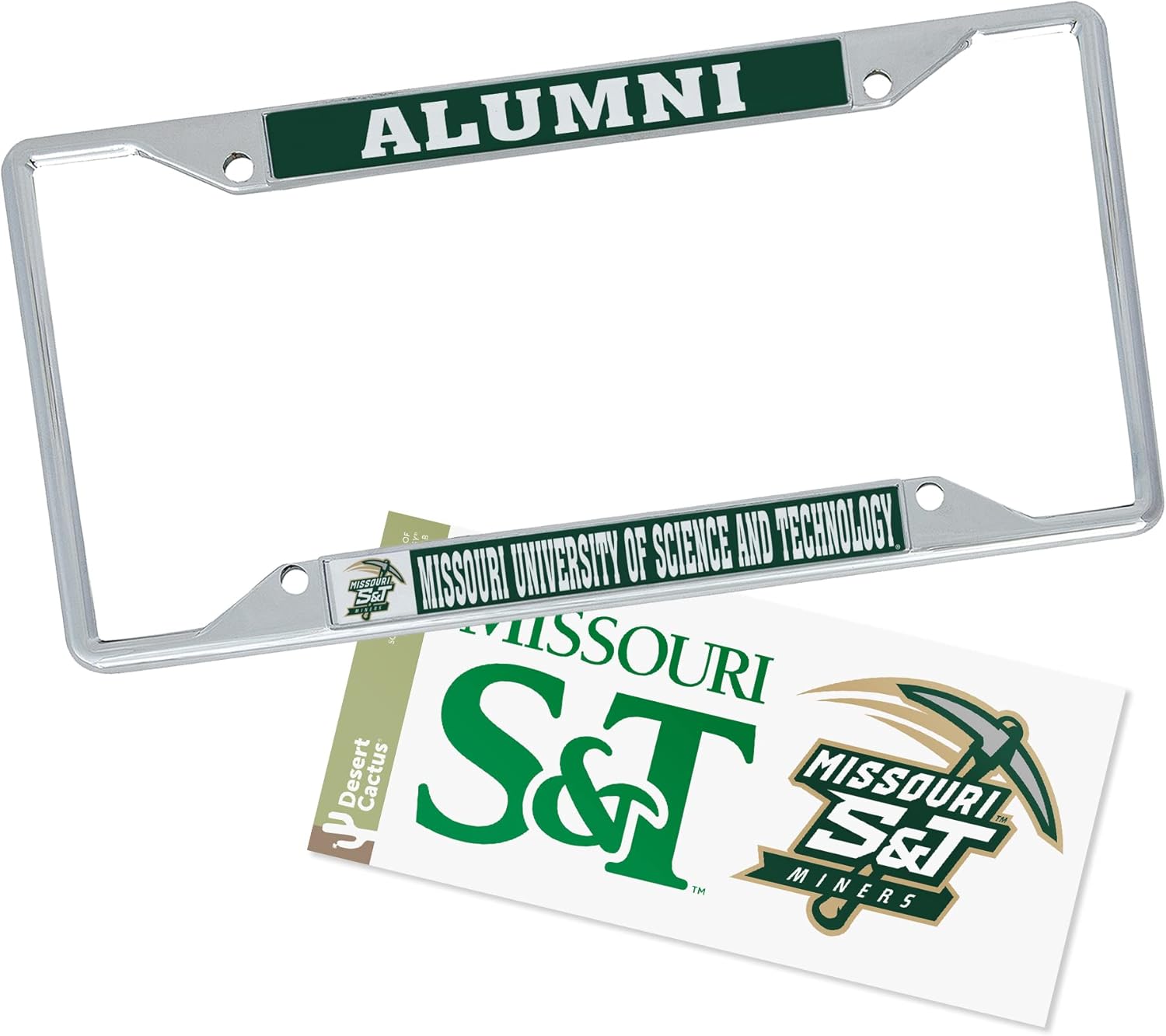 Desert Cactus Missouri University of Science and Technology Car Accessories Metal License Plate Frame and Sticker for Front or Rear of Car (Sticker Frame Combo - Alumni)