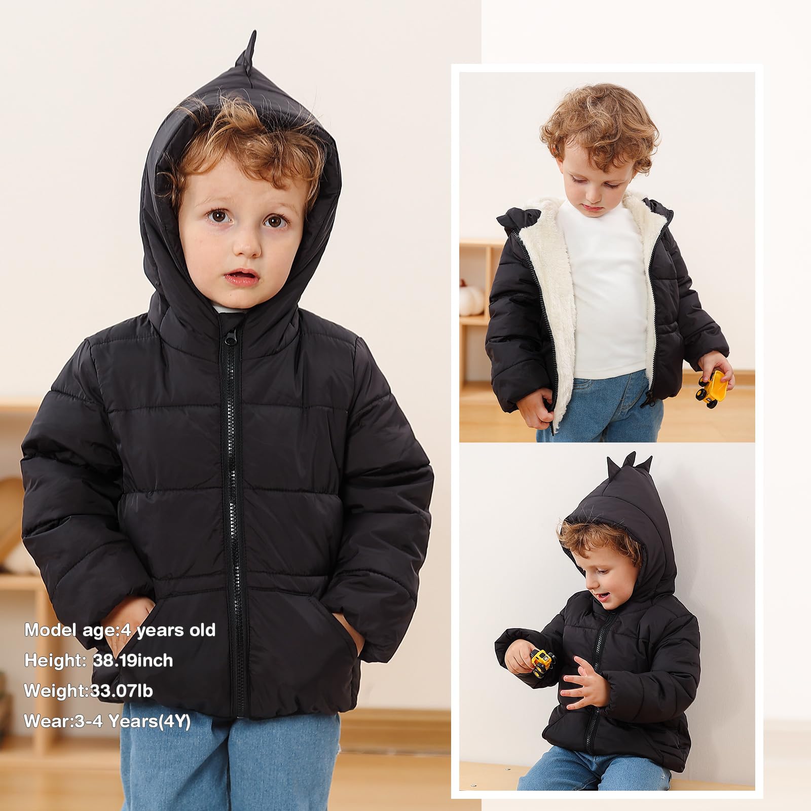 Kids4ever Giubbotto invernale con cappuccio a forma di dinosauro, per neonati, con fodera in pile artico termico, cerniera, due tasche, 6 mesi-5 anni