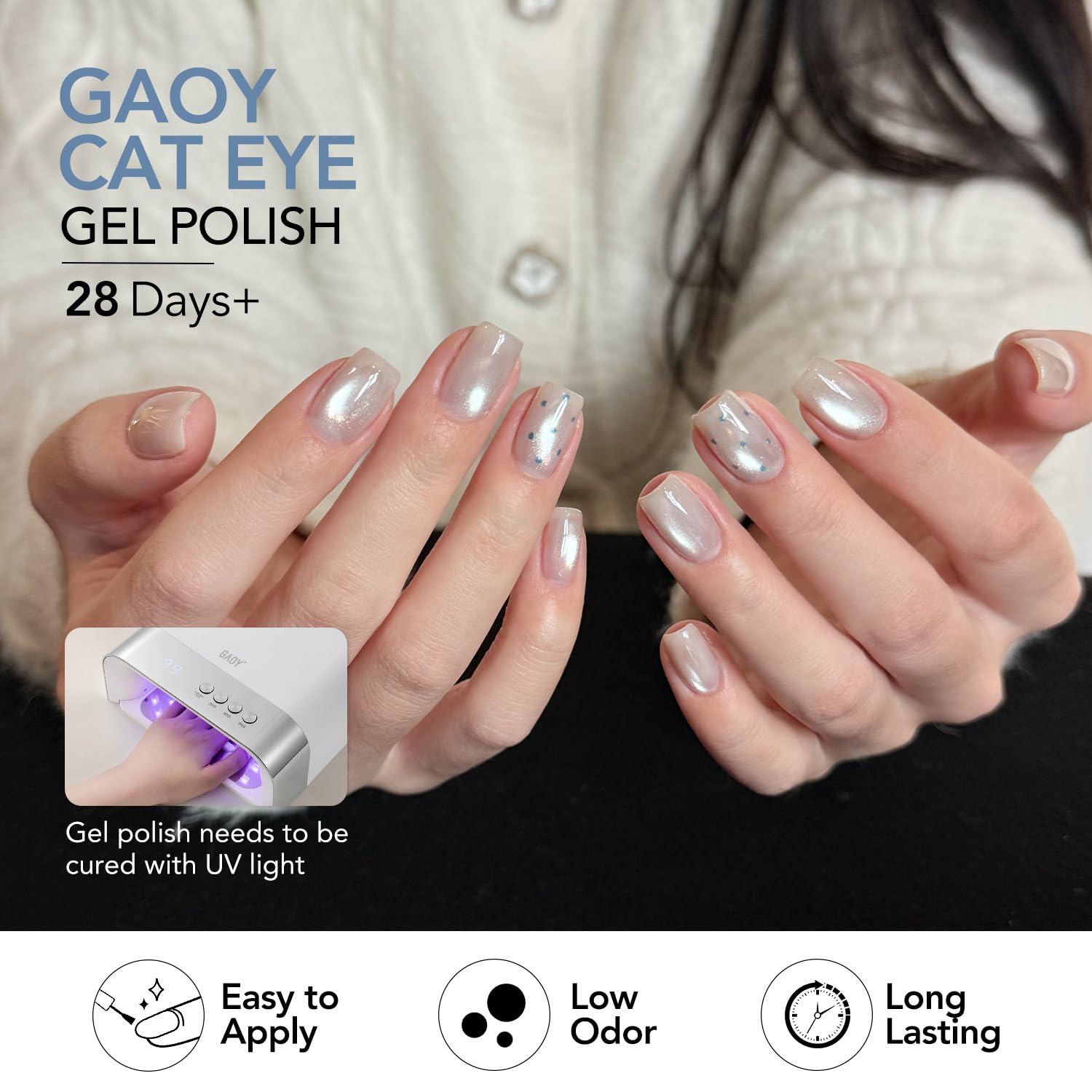 GAOY Cat Eye Gel Nail Polish Set with Magnet, 6Pcs Silver Blue Green Icy Summer Holographic Cat Eye, Reflective Translucent UV Gel, Sea Splash