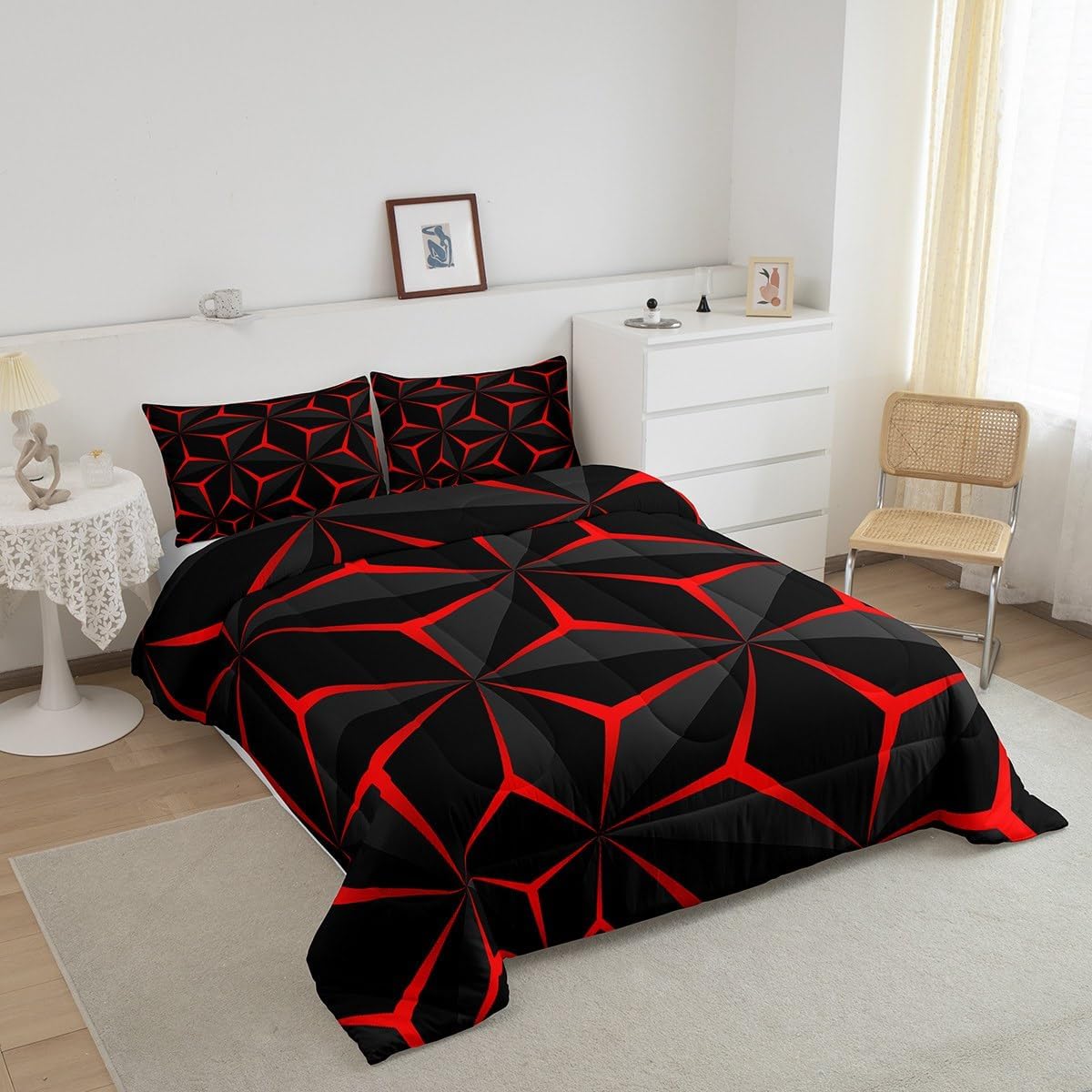 Feelyou Neon Honeycomb Comforter Queen Size,Geometric Stereoscopic Theme Teens Boys Bedding Set,Adults Bedroom Decoration 3D Red Print Comforter Set All Season