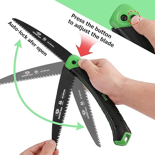 Miniatura 3 de MOSSY OAK Sierra plegable  Sierra de mano de poda de 7 pulgadas con bolsa, hoja de sierra bimetálica D6A y M2, sierra de caza plegable para cortar