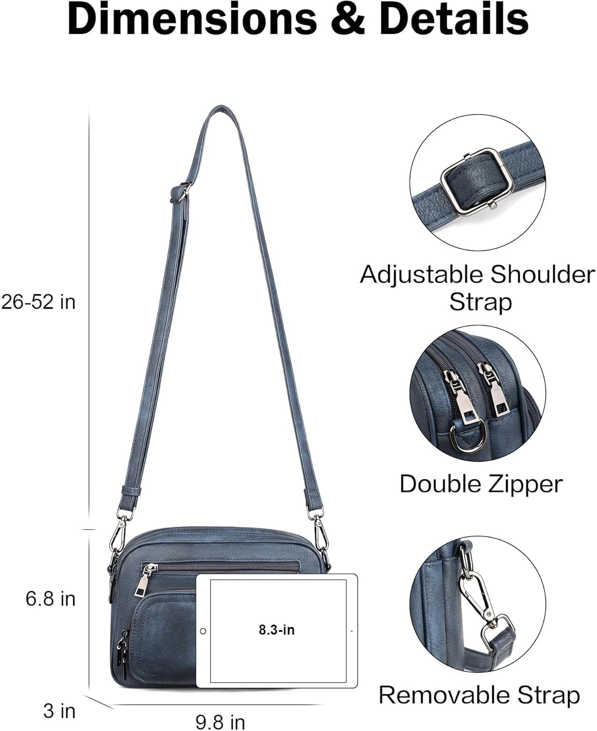 FADEON Crossbody Bags for Women Multi-pocket Leather Crossbody Purses, Designer Shoulder Bag Purse Removable Strap Blue - Image 5