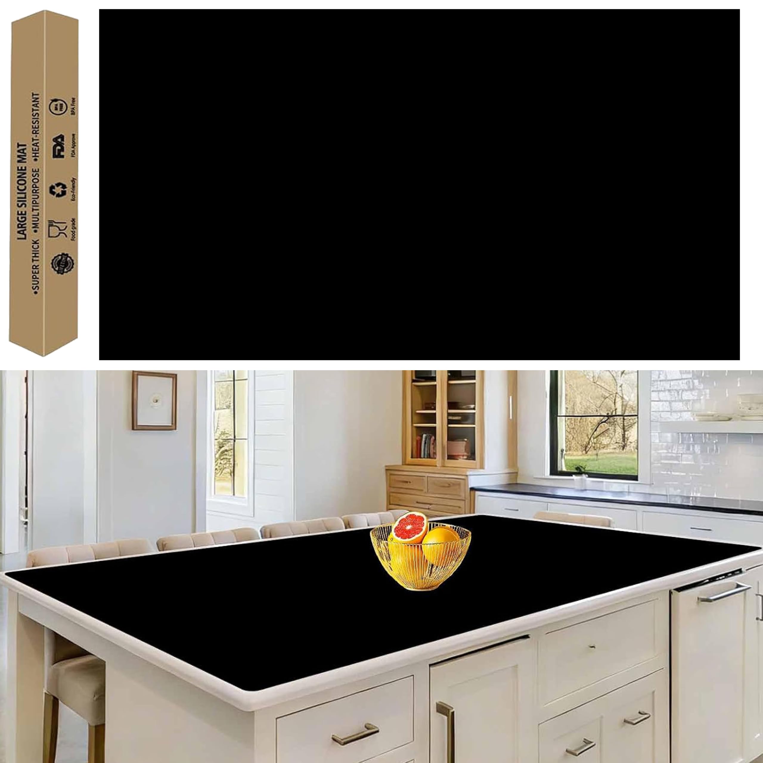 78''x32''(200cmx80cm) Extra Large Silicone Mat for Kitchen Counter, Heat Resistant Countertop Protector, Non-Slip Waterproof Kitchen Island Mat, Easy to Clean, Black