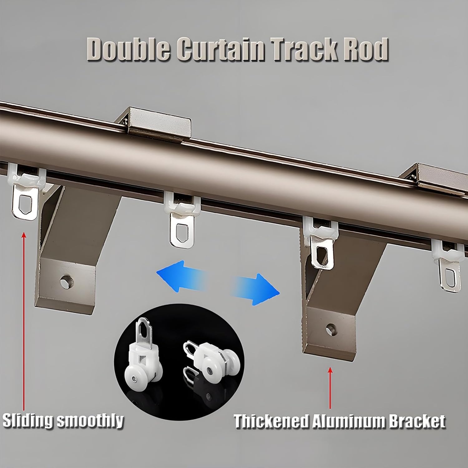 Double Curtain Track Rod Window Wall Ceiling Mount Drapery Rod Aluminum Alloy Silent Dual Rail with Round Finials Gray 2m(6.6ft)