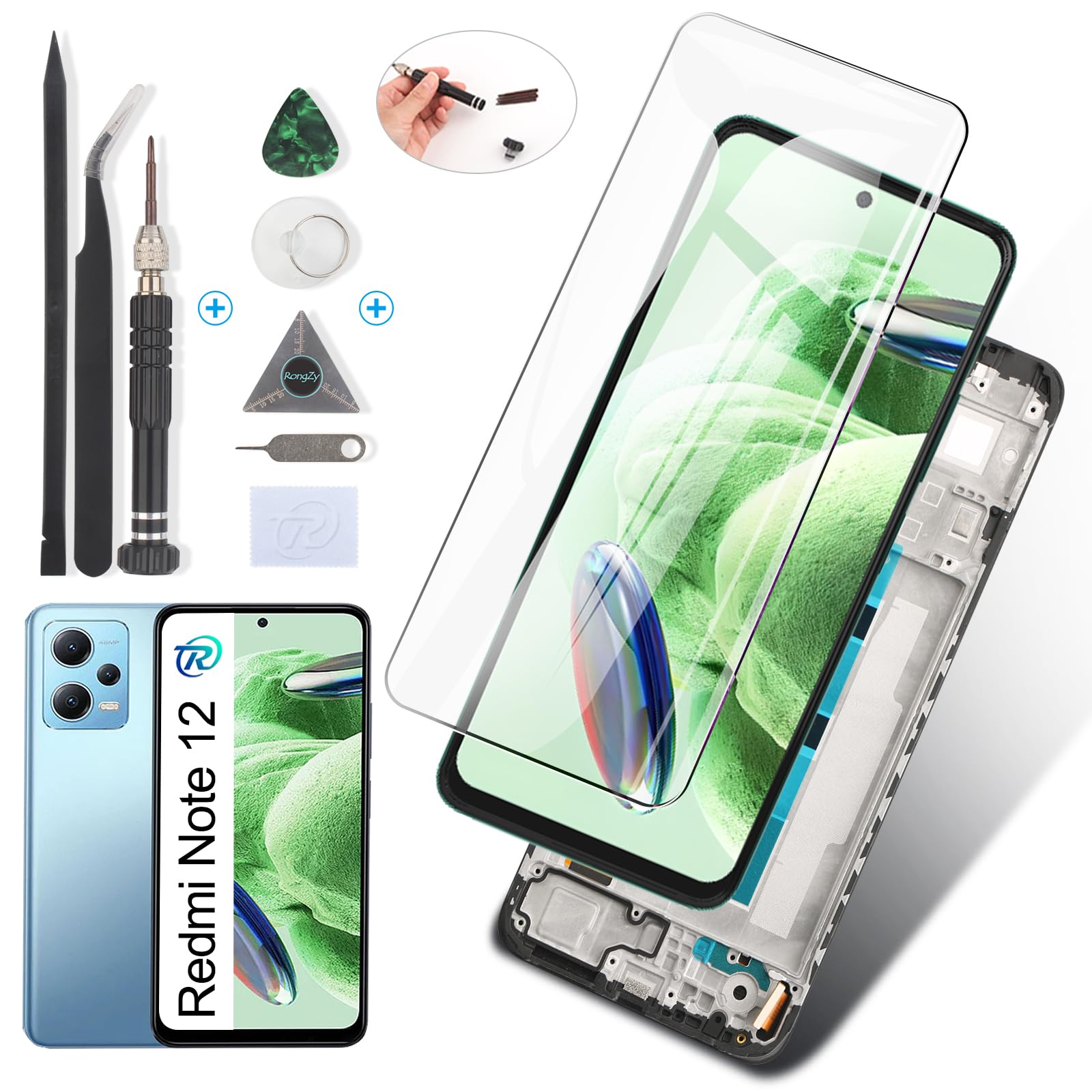 RongZy Pantalla para Xiaomi Redmi Note 12 4G 23021RAAEG 23021RAA2Y Pantalla Táctil LCD Kit de Pantalla de Repuesto Ensamblaje Digitalizador de Reemplazo con Herramientas(Negro con Marco)