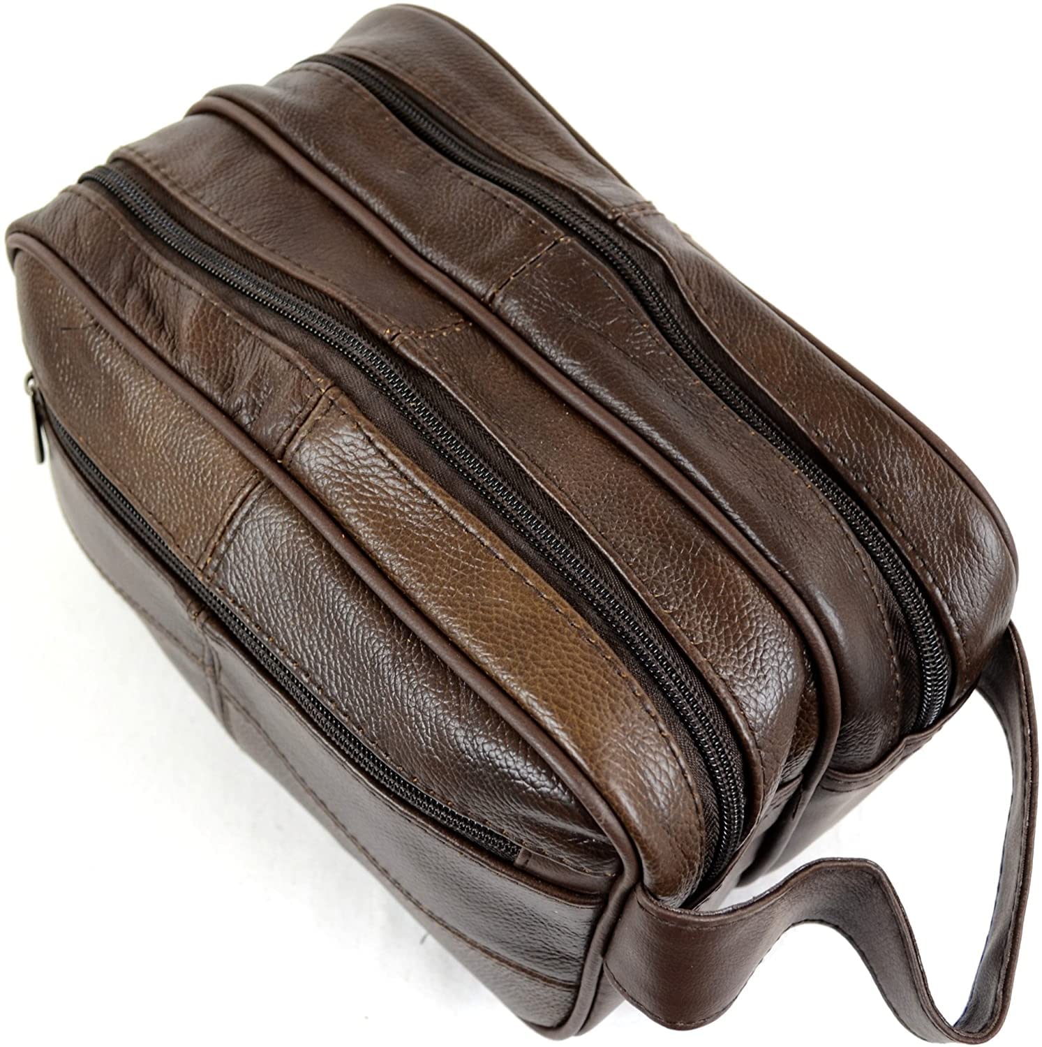 Trousse de toilette en cuir véritable pour homme de voyage - Trousse de rasage pour salle de bain, salle de sport, maquillage - Cadeau pour homme et femme, marron