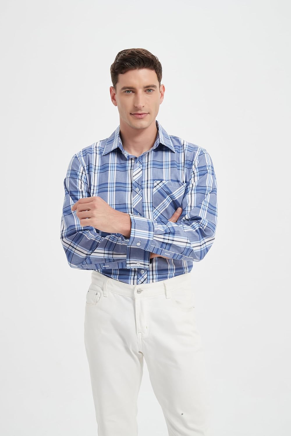 JupiterSecret Men's Plaid Button Down Shirts Cotton Long Sleeve Dress Shirt Business Shirts with Pocket - Image 3