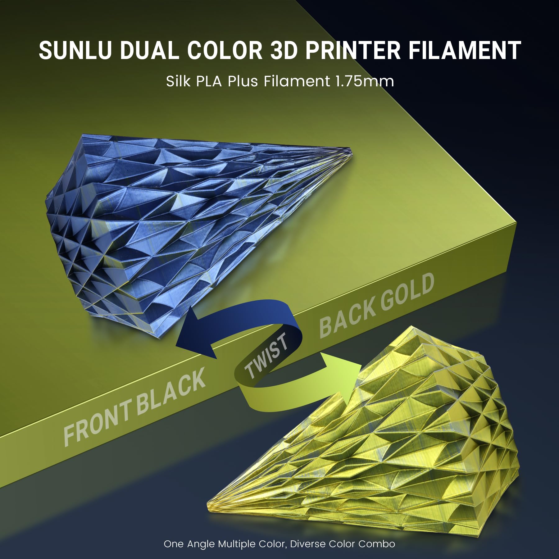 SUNLU Silk PLA Plus Filamento per stampante 3D, filamento PLA+ lucido a doppio colore da 1.75mm, 360° svela vari colori, precisione dimensionale +/- 0.02mm, bobina da 1kg (2.2 libbre), Oro Nero Seta