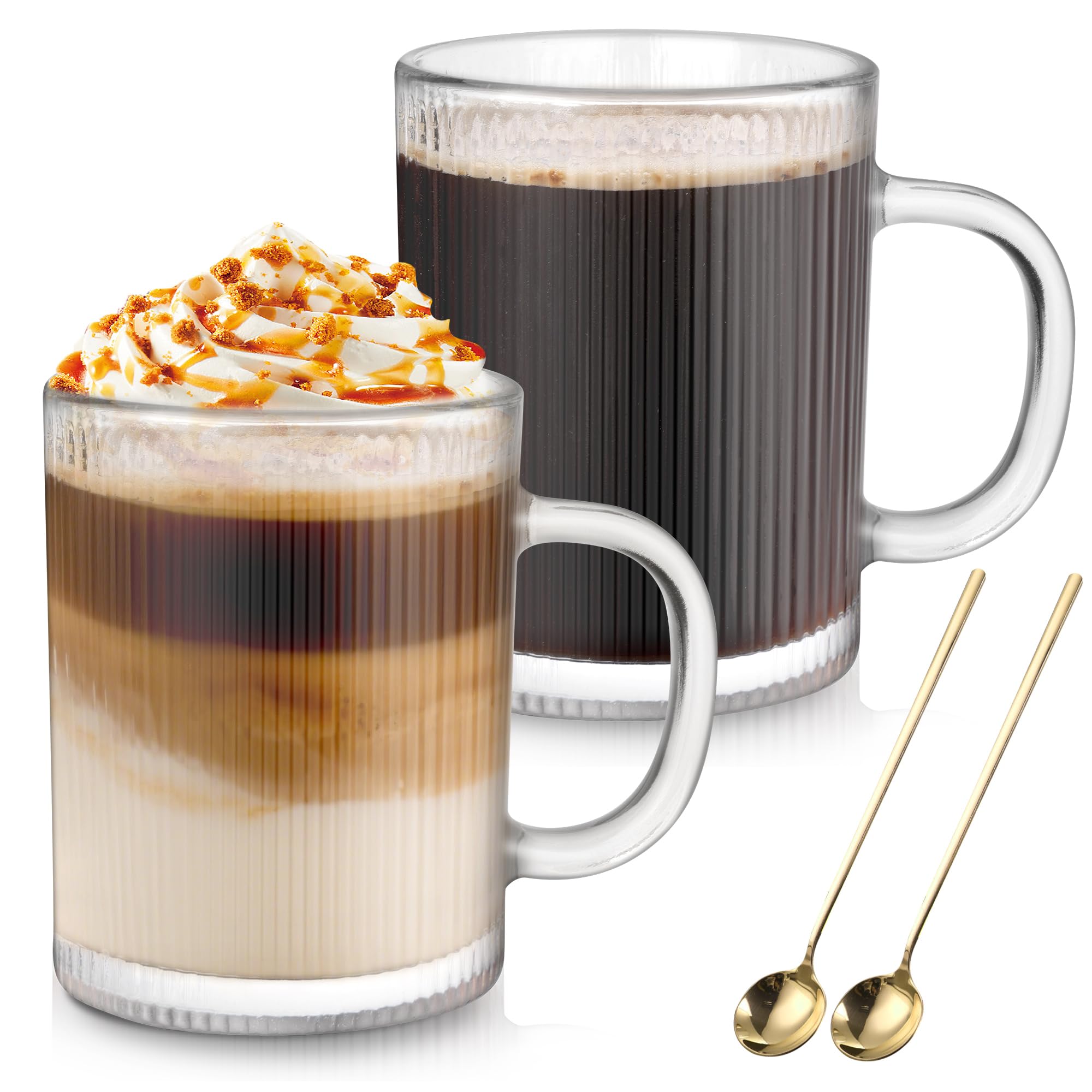 Anhow Glass Coffee Mugs Set of 2, 350ml Classic Stripe Latte Glasses with Handle, Borosilicate Temperature Resistant Glass Coffee Cups for Cappuccino, Macchiato, Tea, Milk, Juice, Cold & Hot Beverages โ image 1