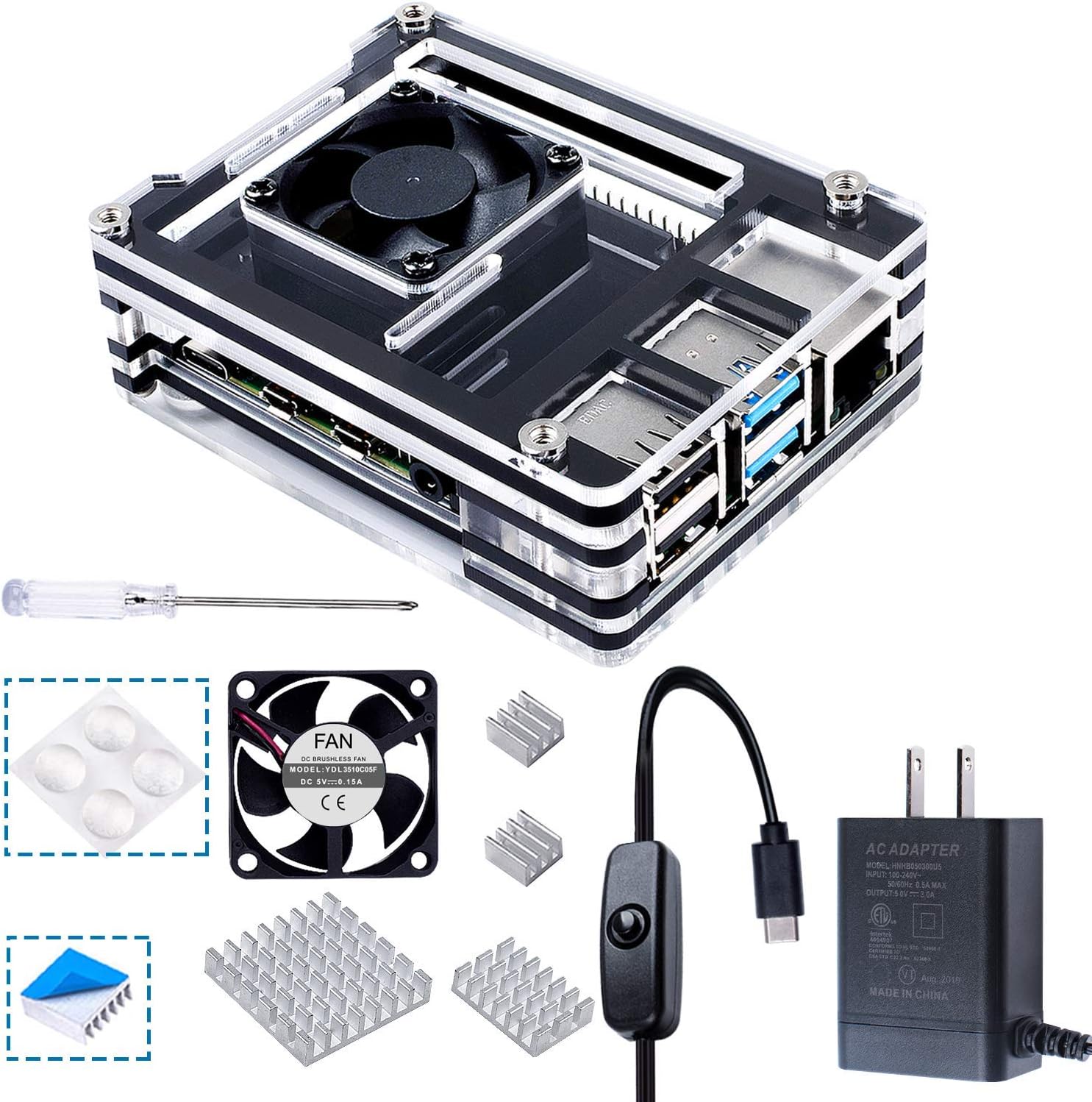 Smraza Case for Raspberry Pi 4 B, Acrylic Raspberry Pi 4 Case with Cooling Fan 35MM, 4 pcs Heatsinks, 5V 3A USB-C Power Supply for Raspberry Pi 4B 8GB/4GB/2GB (RPI Board Not Included)