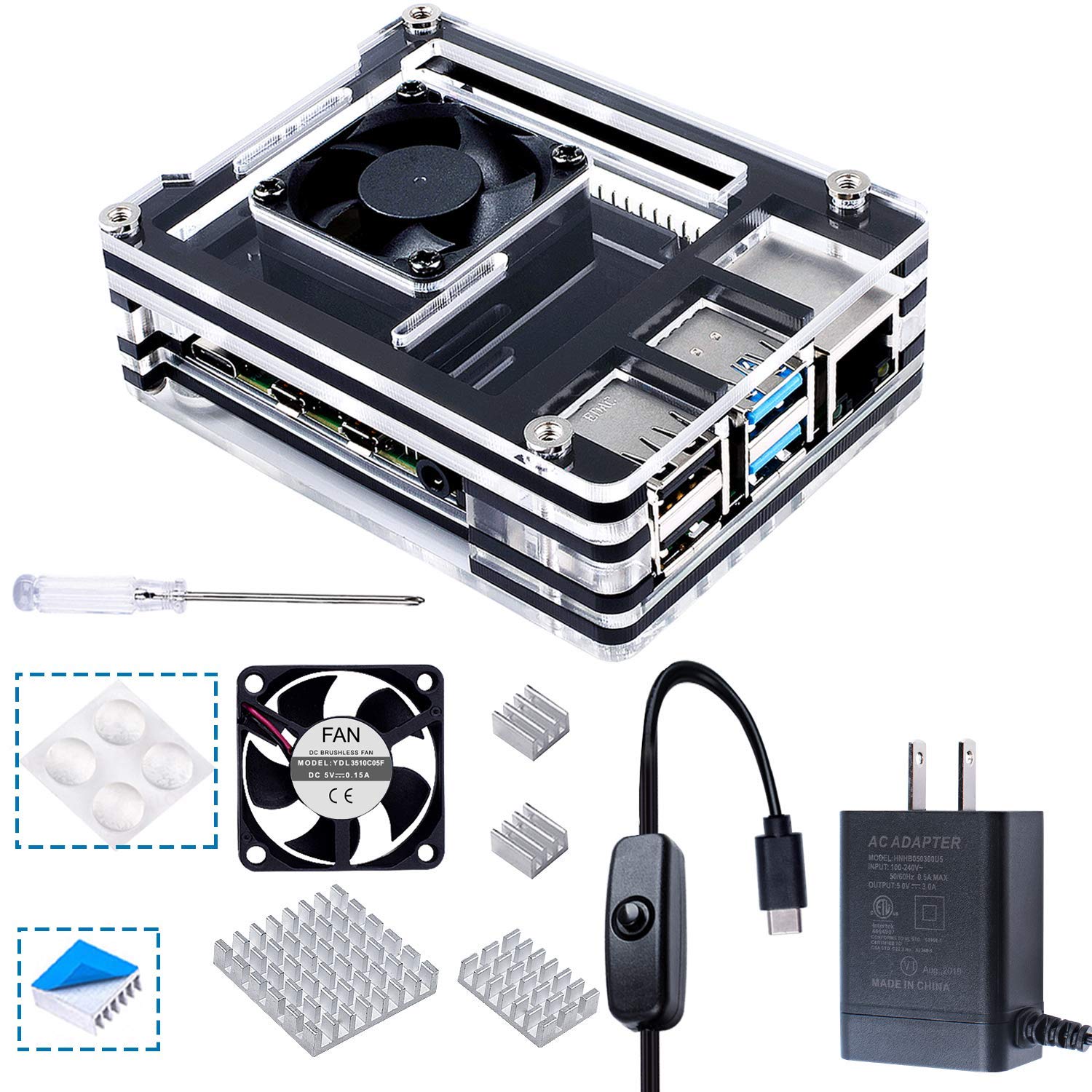 Smraza Case for Raspberry Pi 4 B, Acrylic Raspberry Pi 4 Case with Cooling Fan 35MM, 4 pcs Heatsinks, 5V 3A USB-C Power Supply for Raspberry Pi 4B 8GB/4GB/2GB (RPI Board Not Included)