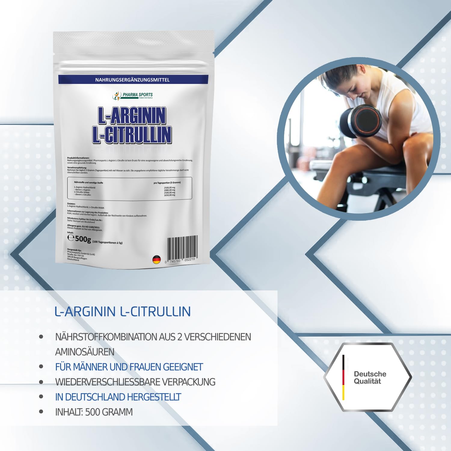 vipstar Arginin Citrullin Mix Pulver hochdosiert - 5000mg L-Citrullin Malat + L-Arginin HCL pro Portion - Fitness, Pump und Bodybuilding - 500g Premiumqualität ohne Zusätze