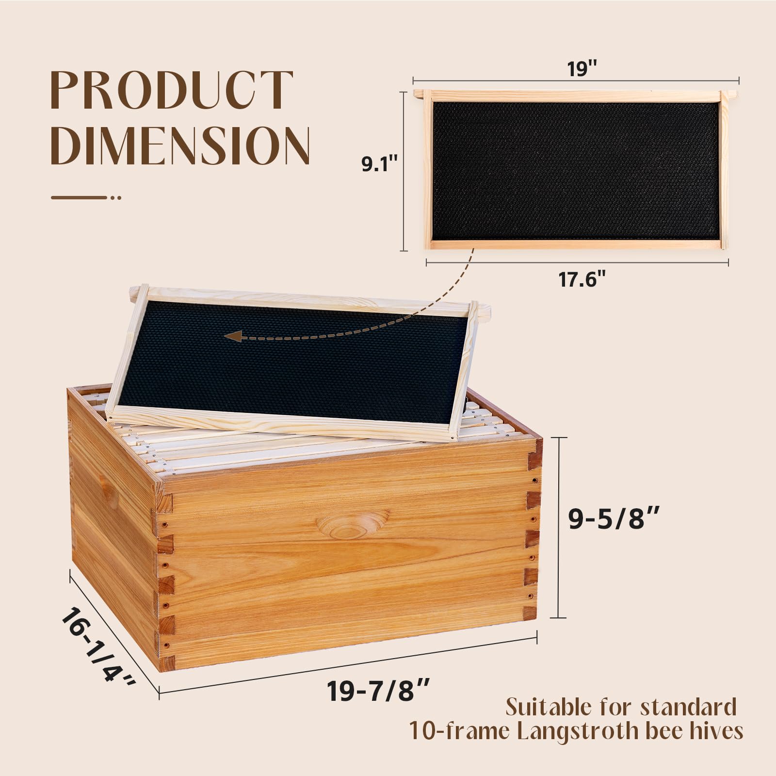 Bee Boxes and Frames Langstroth Lot de 10 cadres profonds trempés dans de la cire d'abeille 100 % cire d'abeille avec cadre et feuille de fond de teint enduite de cire d'abeille