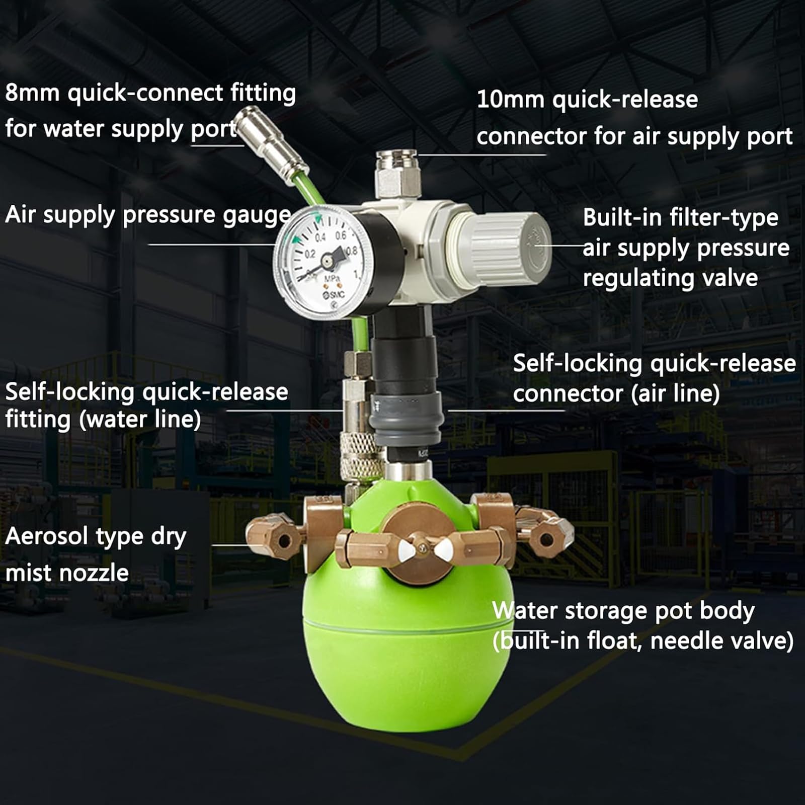 Przemysłowy nawilżacz powietrza z suchą mgiełką, nawilżacz powietrza o dużej pojemności, 9,5-10,5 l/h, wizualny zawór regulujący ciśnienie, z 4 wylotami mgły, do fabryk, warsztatów, kwiatów