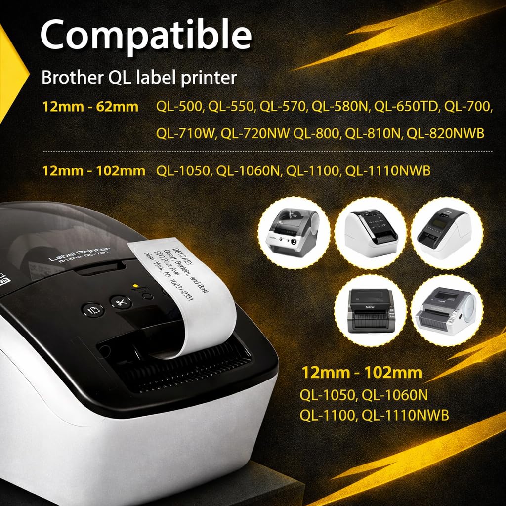 Yellow Yeti 20 Rotoli DK-22225 Etichette adesive continuo 38mm x 30,48m Nastri compatibili per Brother P-Touch QL-500 QL-550 QL-570 QL-700 QL-710W QL-720NW QL-800 QL-810W QL-820NWB QL-1100 QL-1110NWB