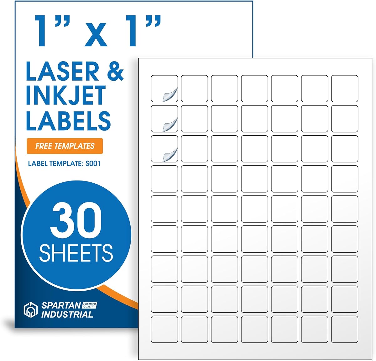 1" X 1" Matte White Printable Labels (30 Sheets, 1890 Stickers) | Custom Stickers, Logo and Barcode Stickers for Laser & Inkjet Printers - Spartan Industrial Template S001