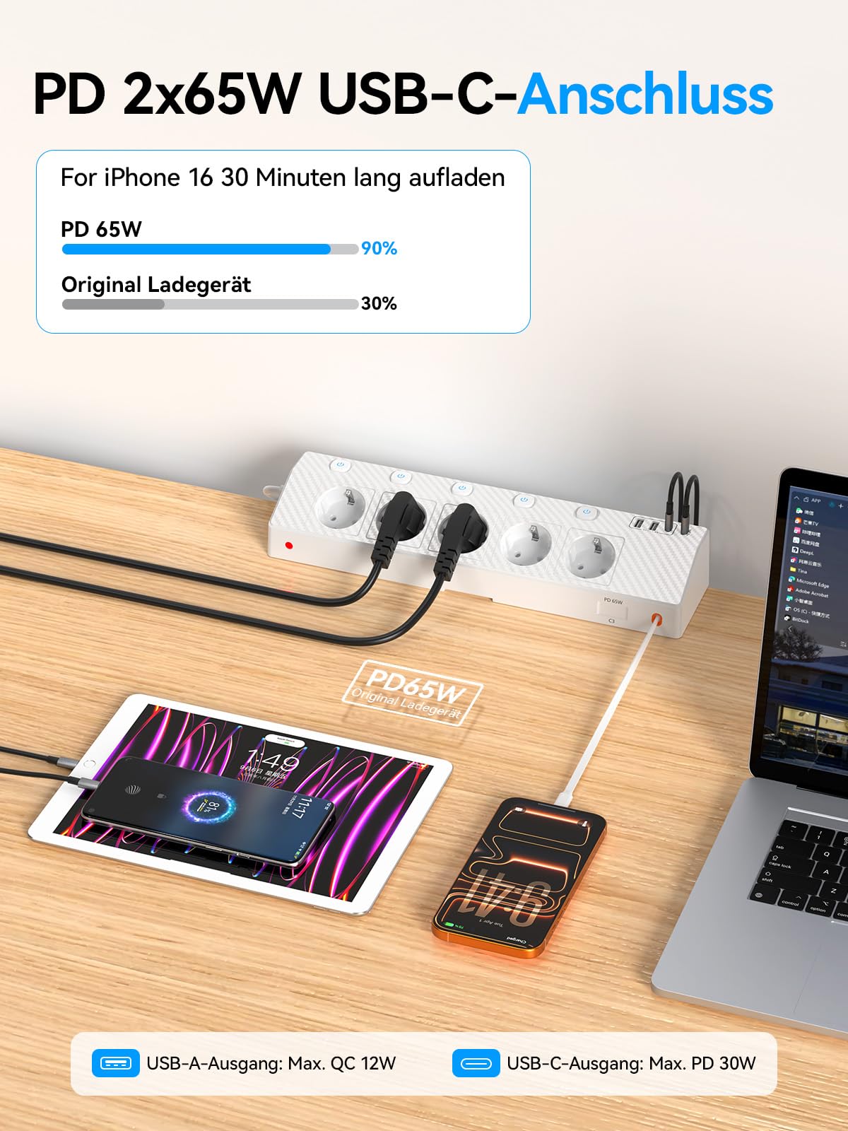 PASSUS - Ciabatta elettrica da tavolo con 2 USB (PD 65 W), 5 prese multiple, con scrivania e protezione da sovratensione, presa angolare 10 in 1 con spina piatta per ufficio/cucina, bianco