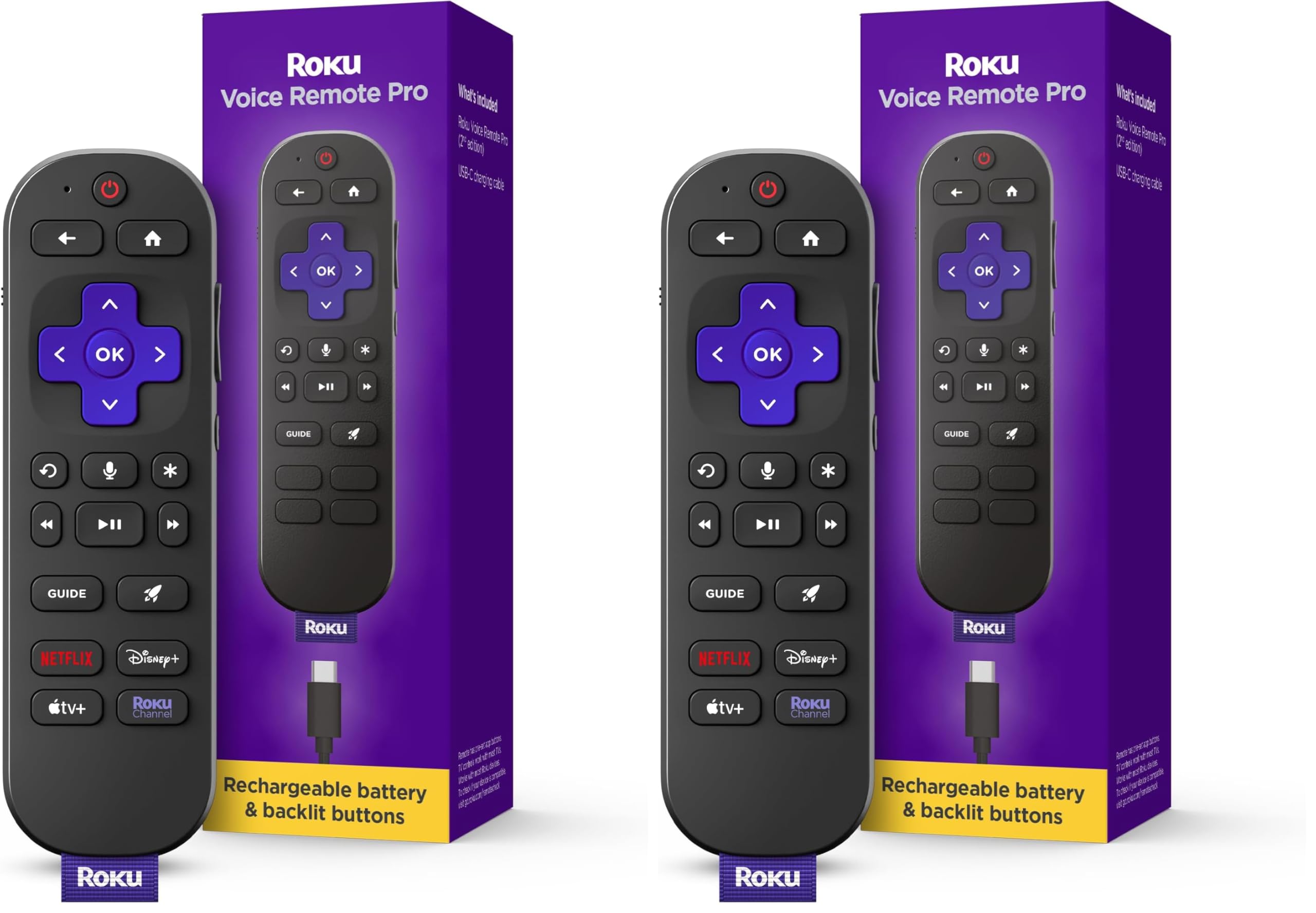 Roku Voice Remote Pro (2nd Ed.) | Rechargeable TV Remote Control with Hands-free Voice Controls, Backlit Buttons, &amp; Lost Remote Finder - Replacement Remote Compatible with All Roku TV, Players &amp; Audio