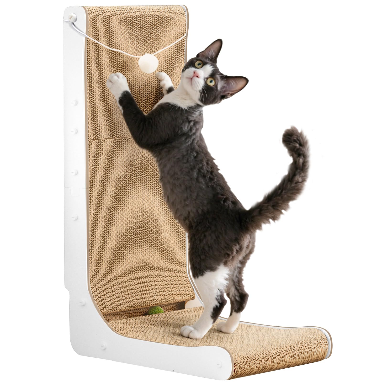 Gimars Thickened L Shape 68cm Cat Scratcher, Cat Scratching Board with Plush & Catnip Balls, Large Size Cardboard Scratcher Wall Mounted, Toys for Protecting Furniture