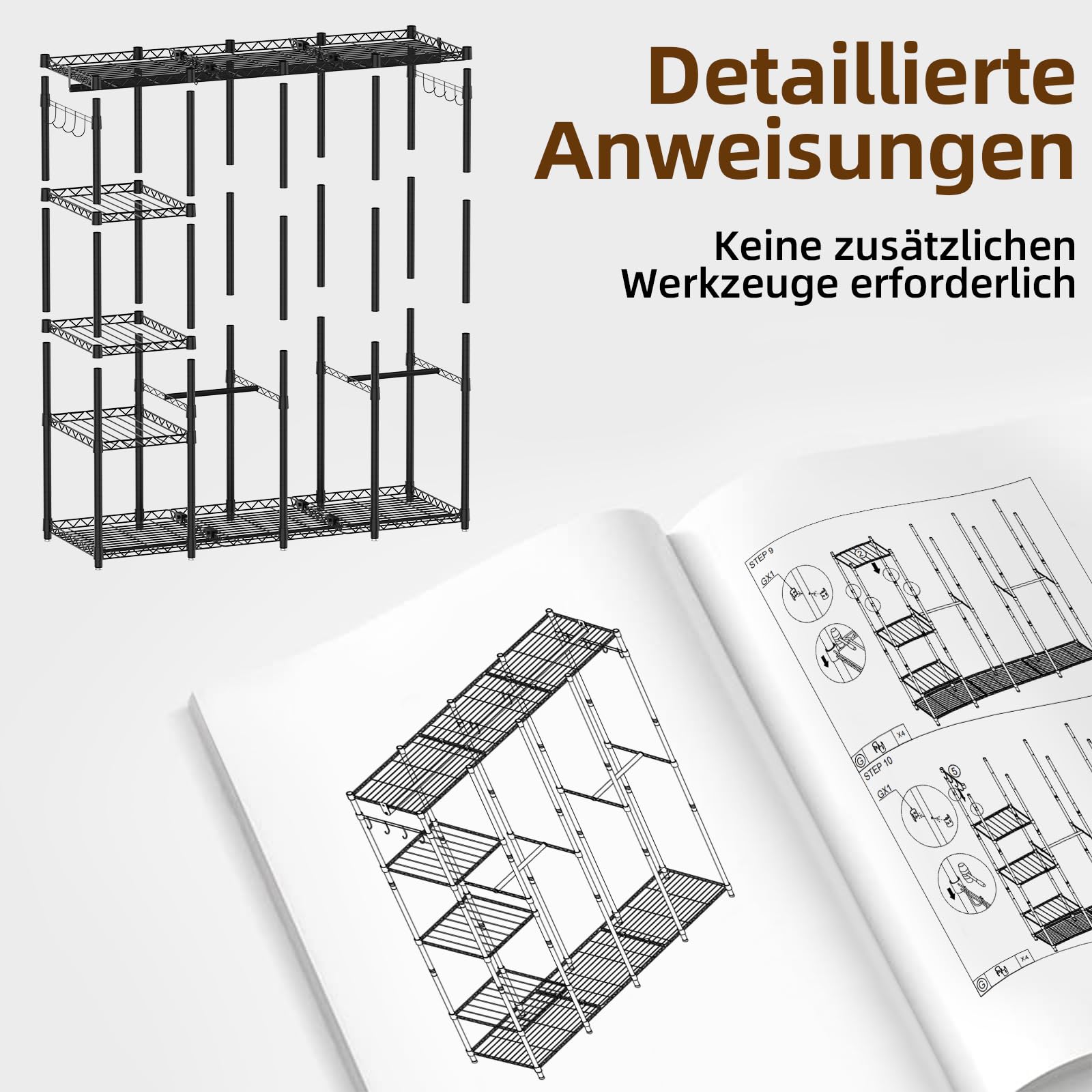 AQRA Offener Kleiderschrank System,Kleiderständer mit 9 Höhenverstellbarem Regalböden und 5 Kleiderstange, Hosenständer, 4 Schichten mit Großem Fassungsvermögen, Schwarz 193.5CM×43.5CM ×195CM