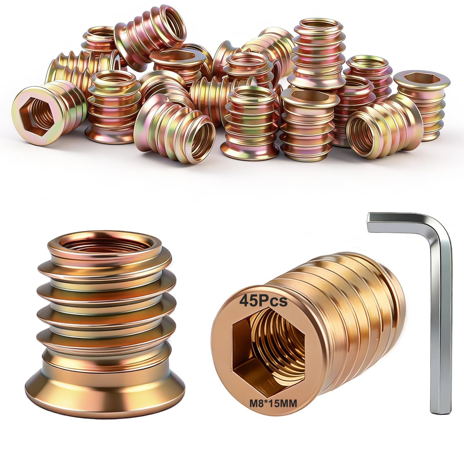 45 Pcs M8 Threaded Inserts for Wood M8x15mm Hex Drive Threaded Nut Inserts