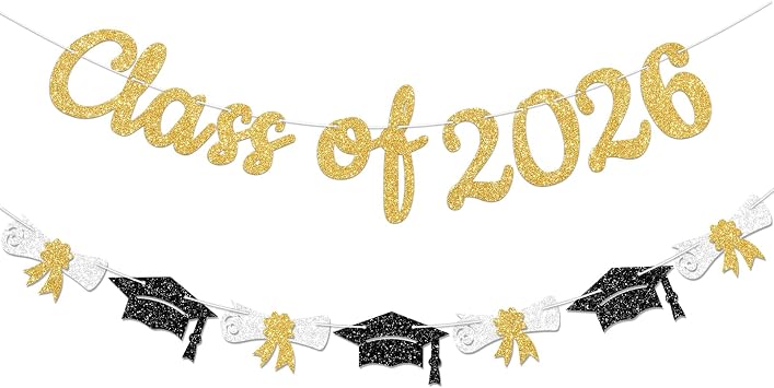Glitter Gold Class of 2026 Banner Graduation Sign with Black Grad Cap Garland for 2026 Graduation Party Decorations, No DIY.