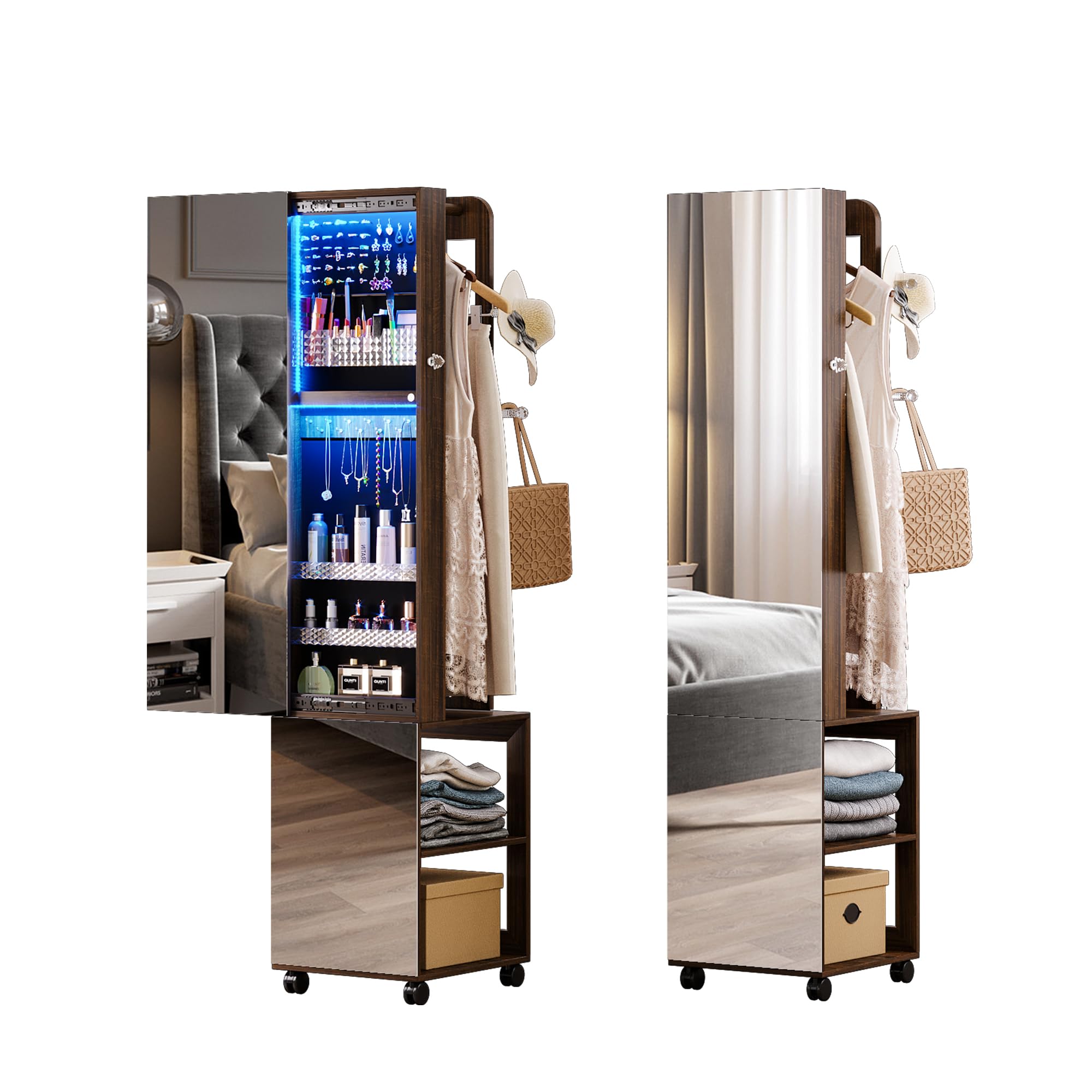 Lvifur 360° Rotating Jewelry Armoire with Sliding Full Length Mirror, 63'' Floor Standing 3 Color Dimmable Jewelry Organizer with 4 Wheels, Jewelry Cabinet with Rear Storage Shelves