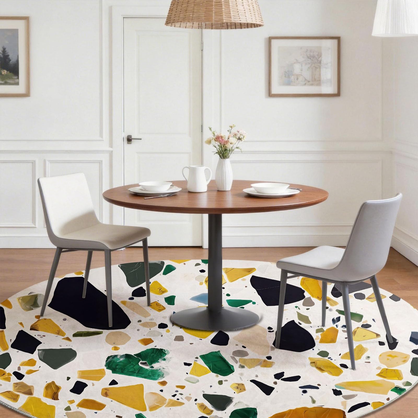 Générique Tappeto rotondo in marmo astratto 160 cm, tappeto lavabile in lavatrice per soggiorno, antiscivolo, stampa frammenti di terrazzo minimalisti moderni per cucina, bianco dorato