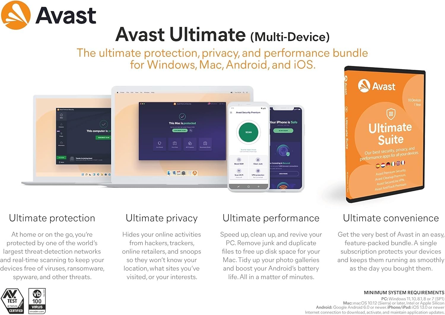Avast Ultimate 2026 - Avast Premium Security Antivirus in combinazione con Avast SecureLine VPN e Avast Cleanup Premium | 10 Dispositivo | 1 Anno | PC/Mac/Androis/iOS
