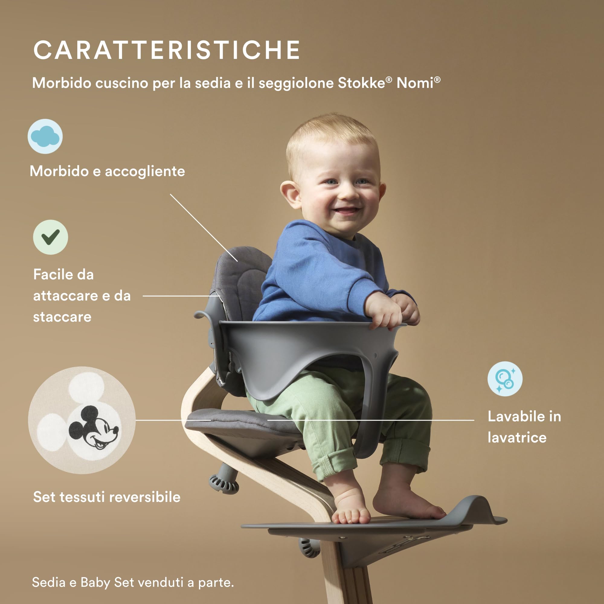 Cuscino Nomi Stokke, Mickey Signature - Aggiunge morbidezza e comfort alla Sedia e al Seggiolone Nomi - Facile da montare e rimuovere - Per età dai 6 mesi in su - Lavabile in lavatrice