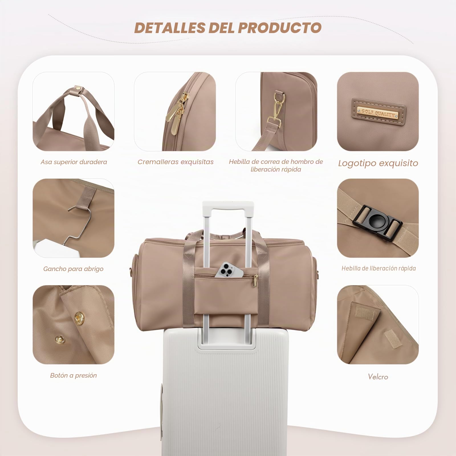 Bolsa de Viaje Convertible 2 en 1, con Compartimento Separado para Zapatos, Impermeable, Bolsa de Ropa Fin de Semana Bolsa de Traje Colgante para Hombres y Mujeres,48L, Marrón champán