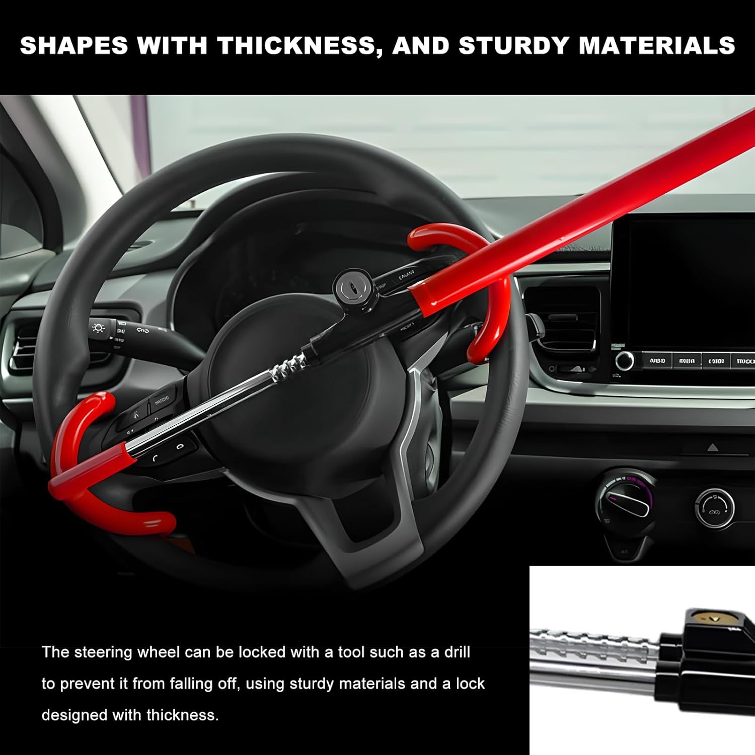 Steering Wheel Lock, Heavy Duty Anti-Theft Car Device Wheel Lock with 2 Keys, Adjustable Steering Wheel Locking Gear Great Deterrent for Vehicle Security, Car Accessories (Red)
